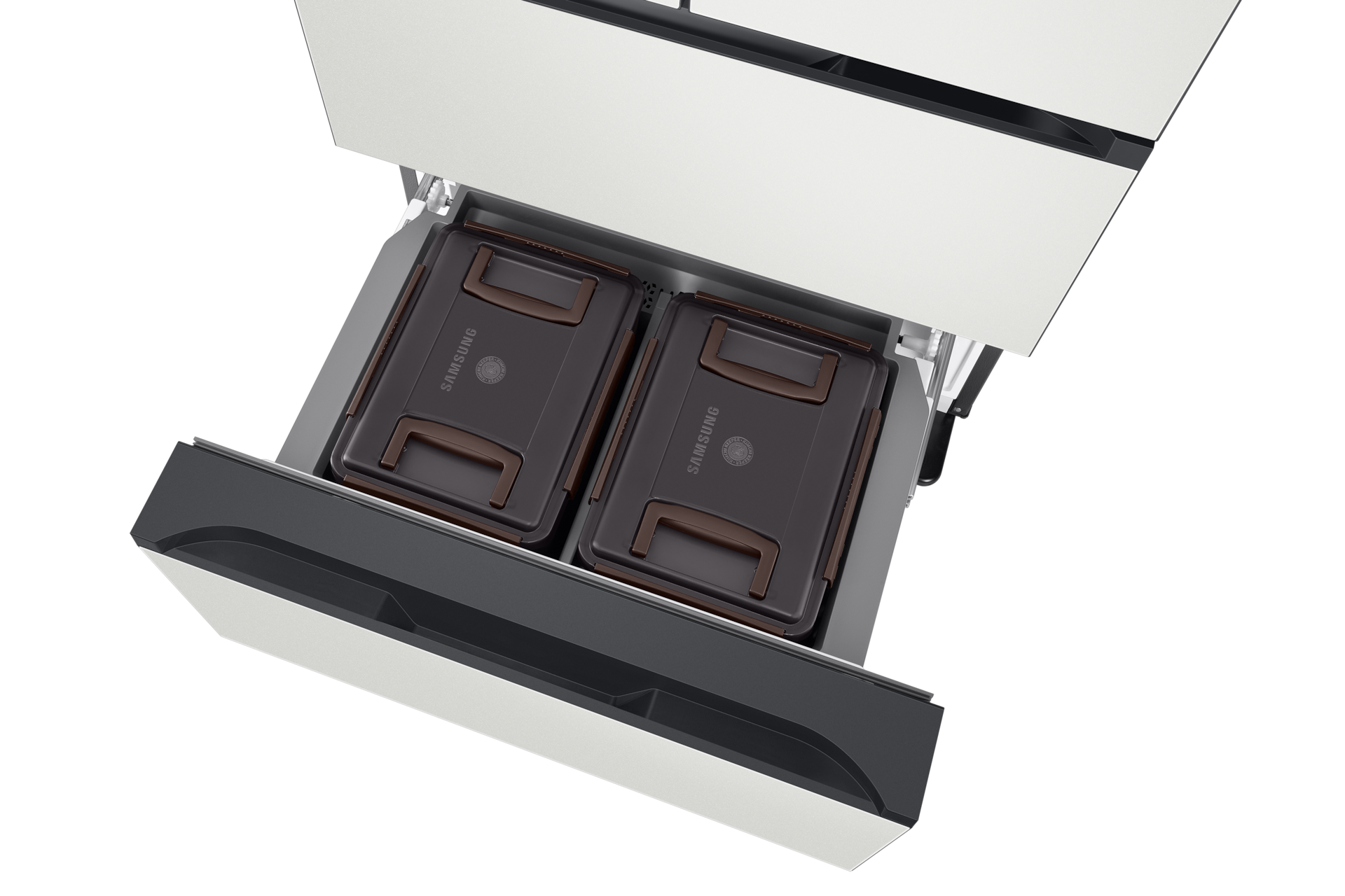 Bespoke AI 김치플러스 4도어 487L (AI 정온 모드) 코타 화이트 하칸 슬라이드 아웃, 윗면 시점