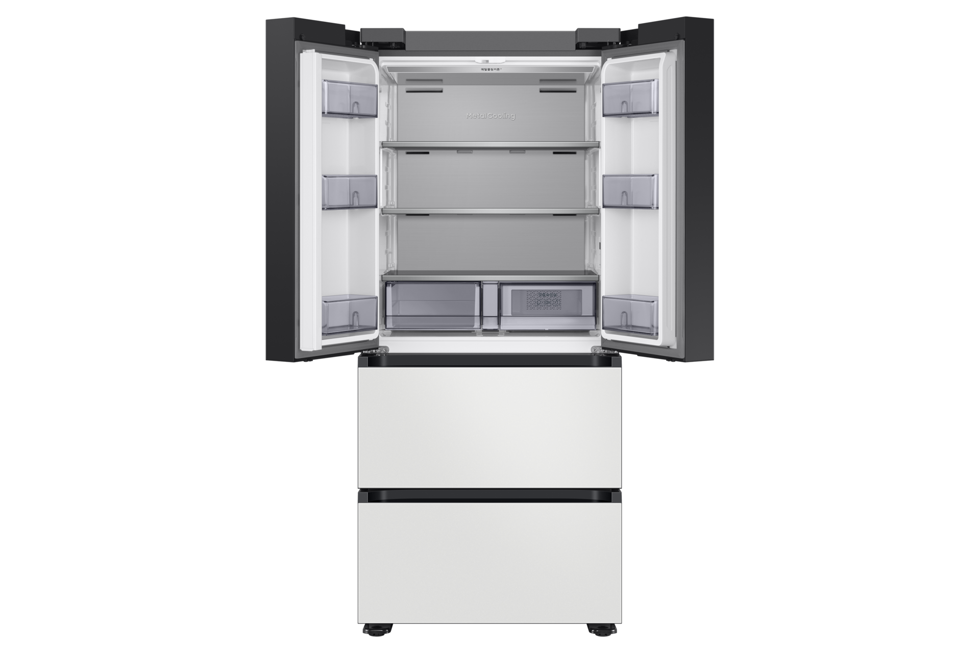 Bespoke AI 김치플러스 4도어 487L (AI 정온 모드) 코타 화이트 정면, 상칸 도어 열림