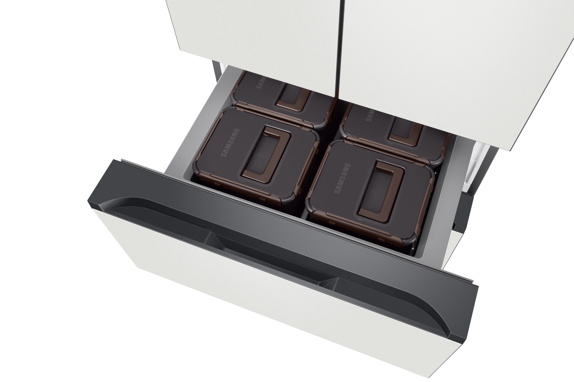 Bespoke AI 김치플러스 4도어 487L (AI 정온 모드) 코타 화이트 중칸 슬라이드 아웃, 윗면 시점