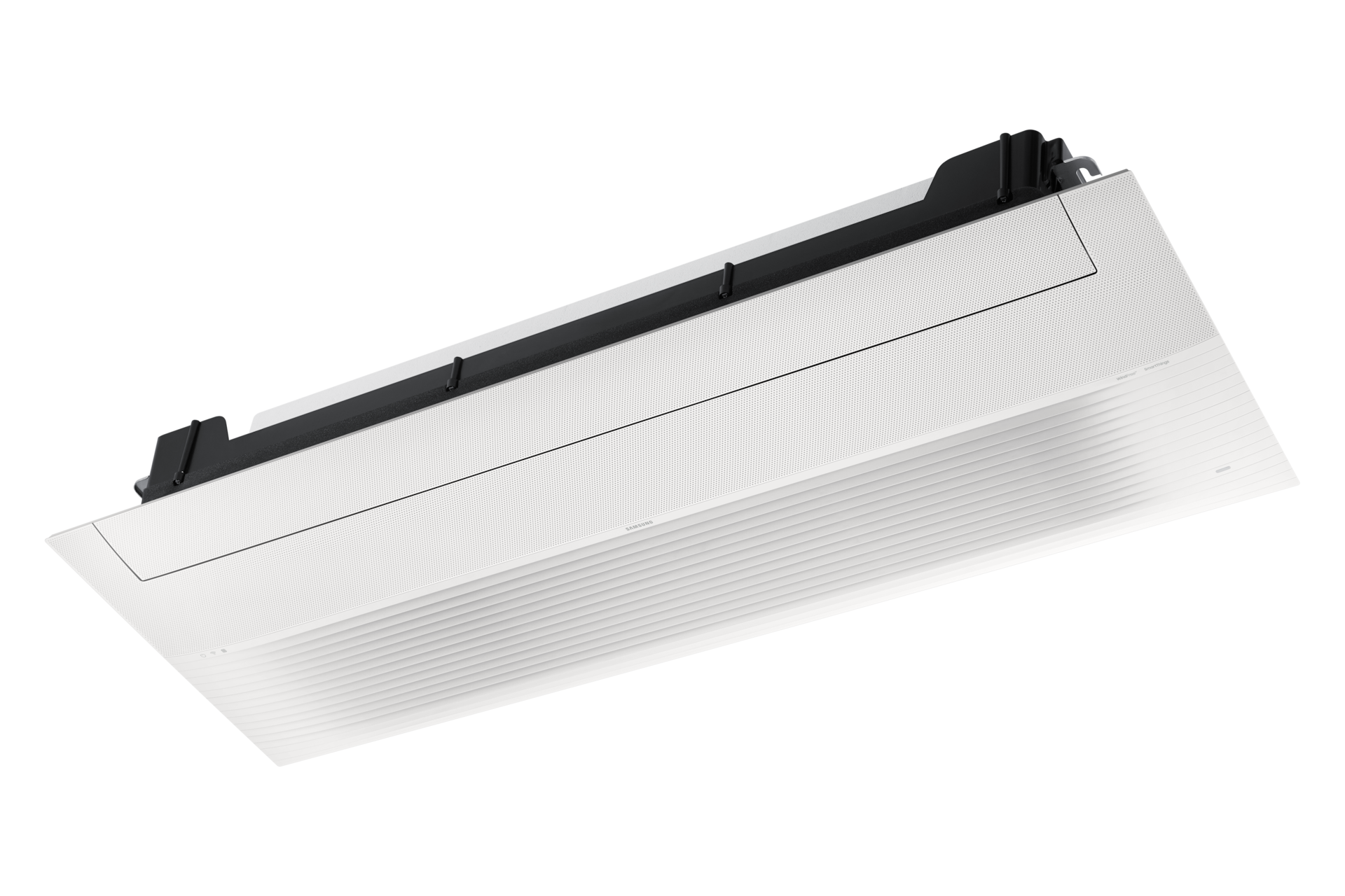 Infinite Line 무풍 시스템에어컨 83.8㎡ 3실 (UV 실내기) 전원이 꺼져 있는 아래서 위로 바라본 인피니트 1way 실내기 우측 15도