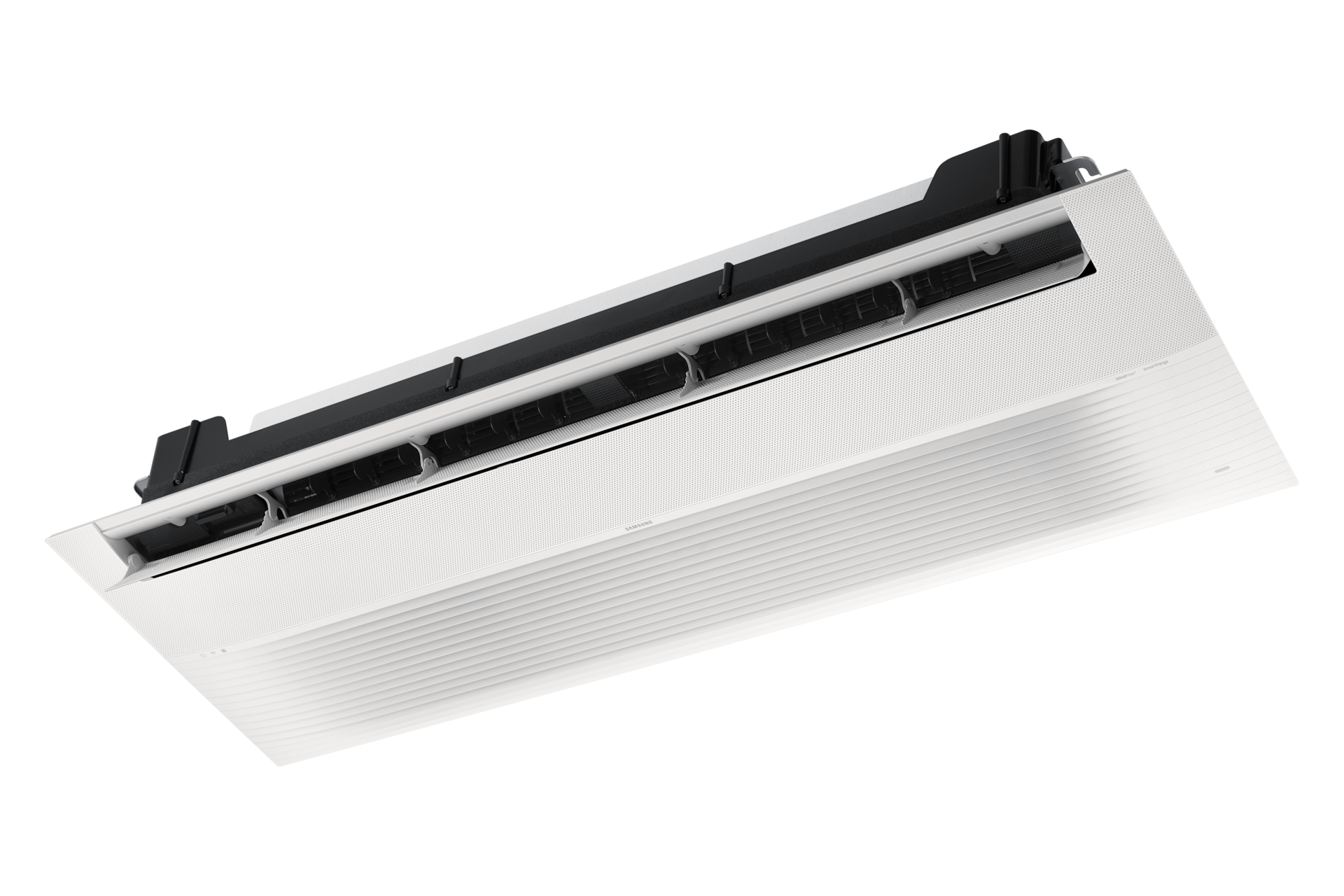 Infinite Line 무풍 시스템에어컨 83.8㎡ 3실 (UV 실내기) 전원이 켜져 있는 아래서 위로 바라본 인피니트 1way 실내기 우측 15도