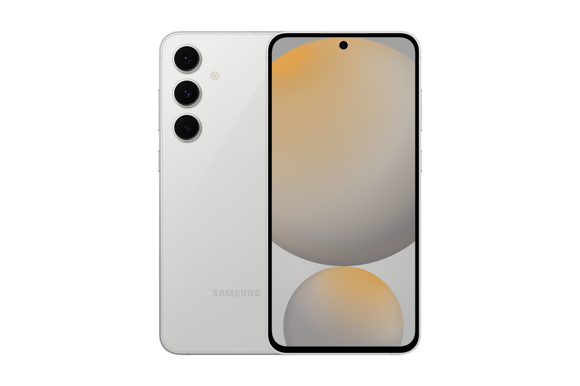 갤럭시 S24 FE 통신사폰 (SKT/KT/LG U+) 그레이 제품 2개가 나란히 포개져 있고, 왼쪽에는 카메라 홀이 보이는 뒷면 방향으로 오른쪽에는 메인 디스플레이가 보이는 정면 방향으로 제품이 놓여 있습니다. 