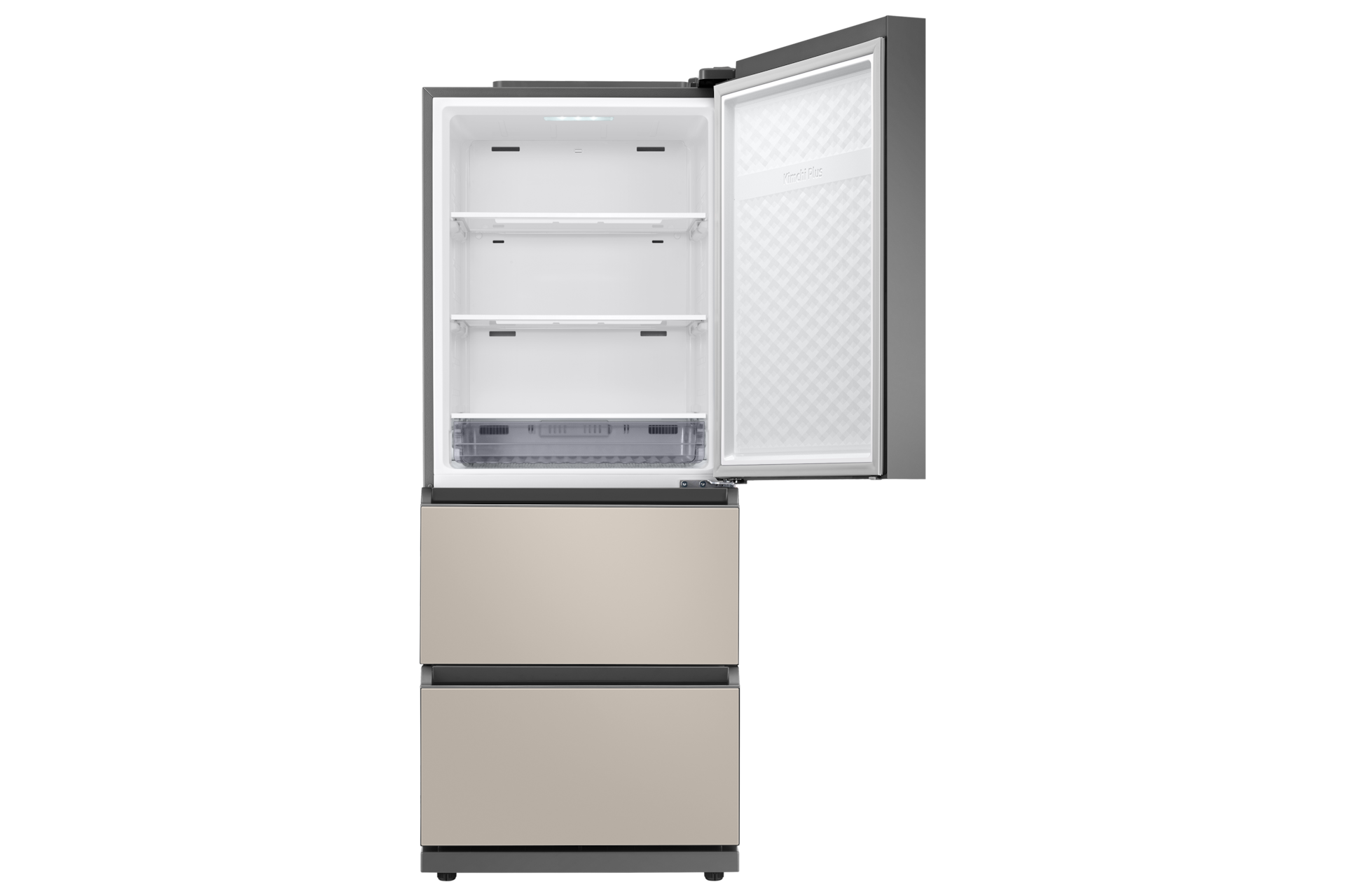 Bespoke 김치플러스 3도어 328L 에센셜 베이지 정면 상칸 도어 열림