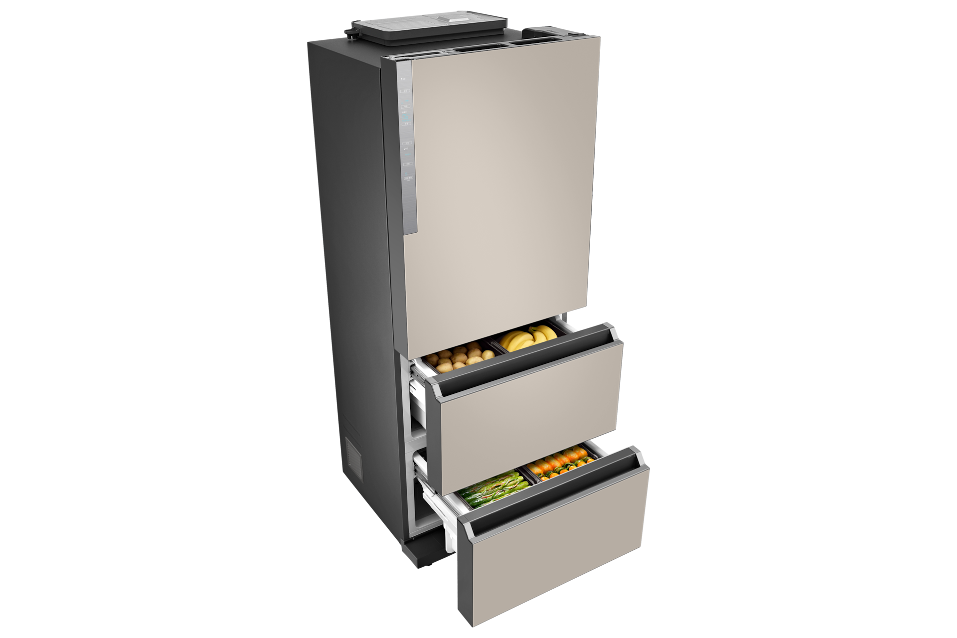 Bespoke 김치플러스 3도어 328L 에센셜 베이지 좌측면, 중·하칸 열림(식재료 포함)