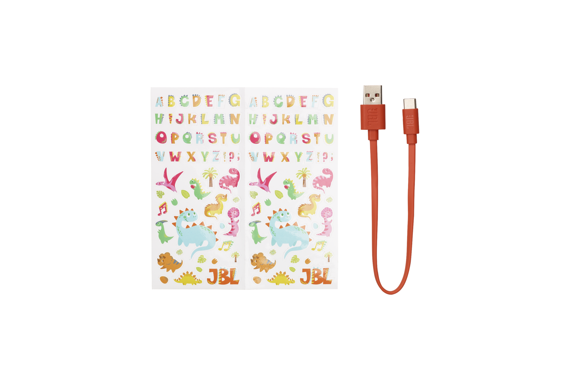 JBL JR320BT 블루투스 무선 키즈 헤드폰 그린 구성품에 포함된 스티커 및 USB C형 충전선