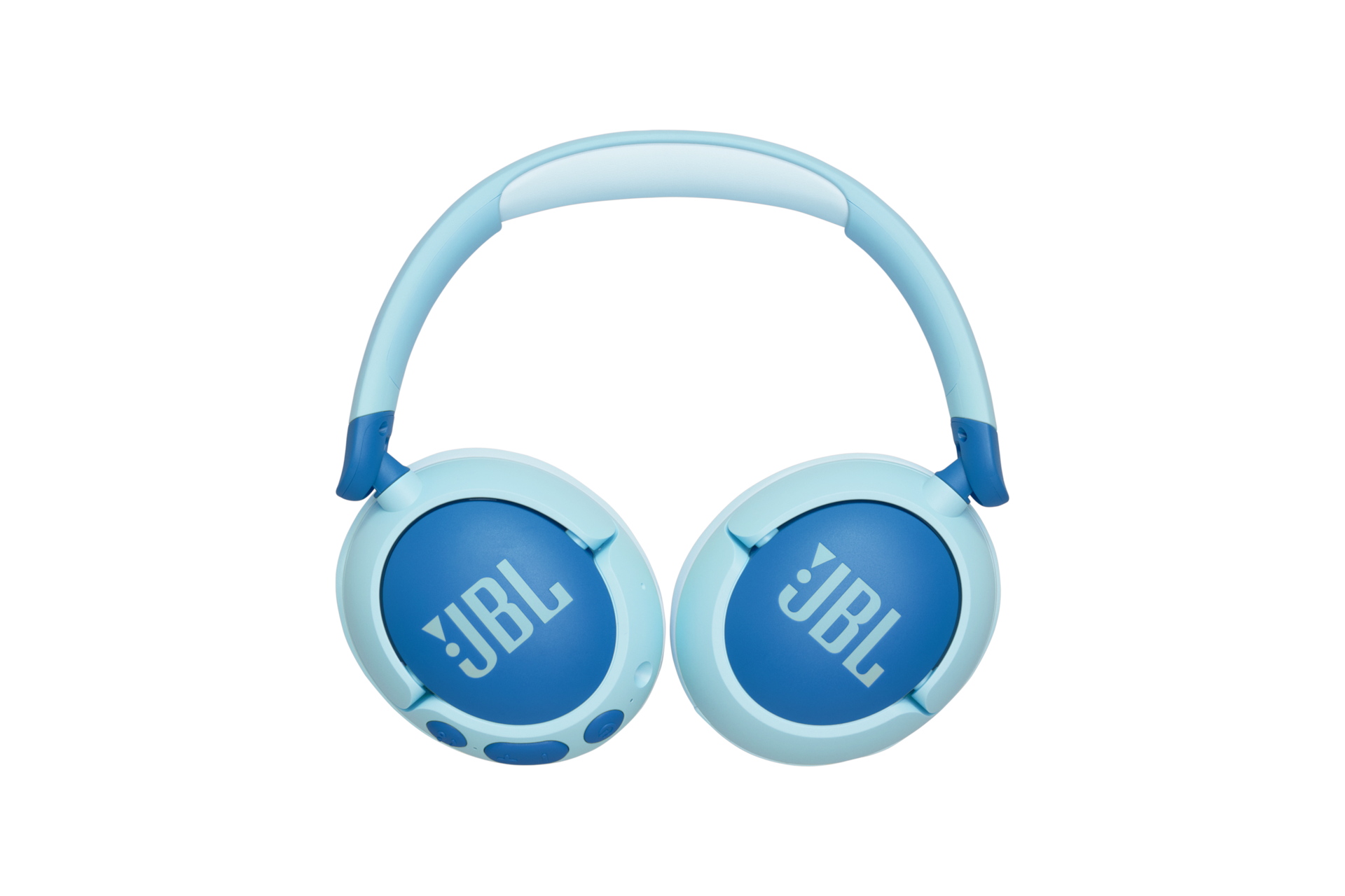 JBL JR470NC 노이즈 캔슬링 무선 키즈 헤드폰 블루 이어컵이 바깥쪽으로 돌아간 모습