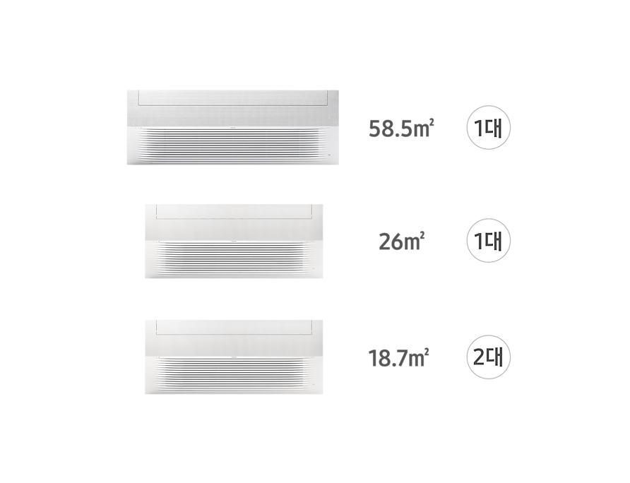 AJ072CN1FBC1 58.5㎡ 1대, AJ032CN1FBC1 26㎡ 1대, AJ023CN1FBC1 18.7㎡ 2대 전원이 꺼져 있는 천장형 인피니트 1way 실내기 정면 리스트