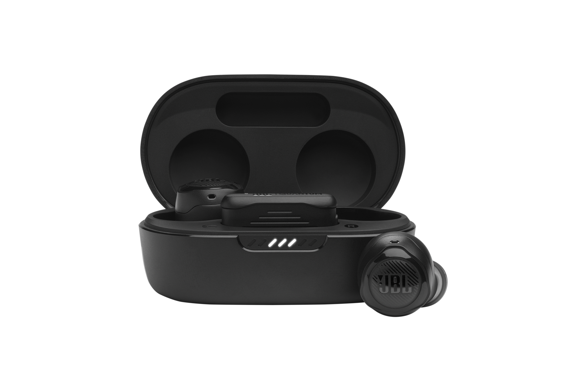 JBL QUANTUM TWS AIR 무선 게이밍 이어폰 케이스가 열려 있으며 우측 이어폰이 케이스 밖으로 나와 있는 이미지