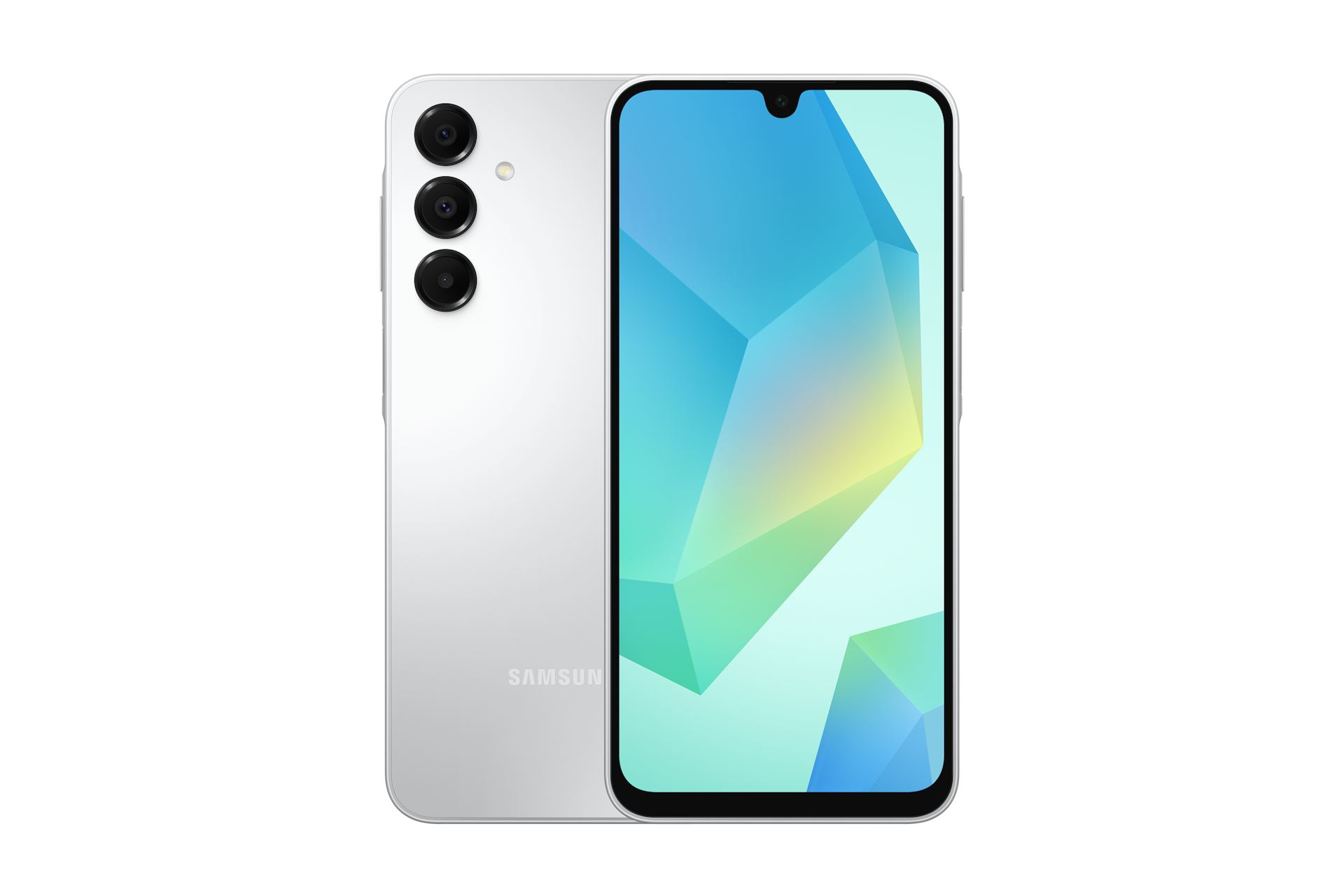 SM-A165N_갤럭시 A16 그레이 제품 2개가 나란히 포개져 있고, 왼쪽에는 카메라 홀이 보이는 뒷면 방향으로 오른쪽에는 메인 디스플레이가 보이는 정면 방향으로 제품이 놓여 있습니다. 