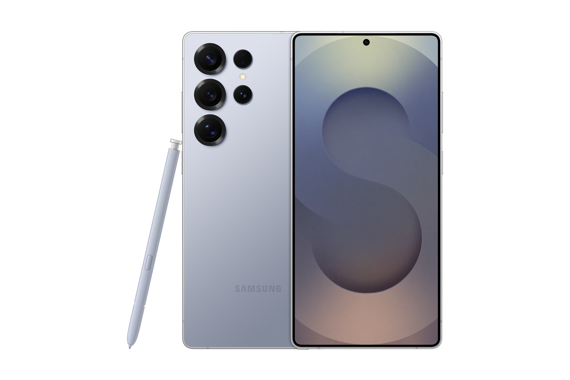갤럭시 S25 울트라 자급제 티타늄 실버블루 제품 2개가 나란히 포개져 있고, 왼쪽에는 카메라 홀이 보이는 뒷면 방향으로 오른쪽에는 메인 디스플레이가 보이는 정면 방향으로 제품이 놓여 있습니다. 