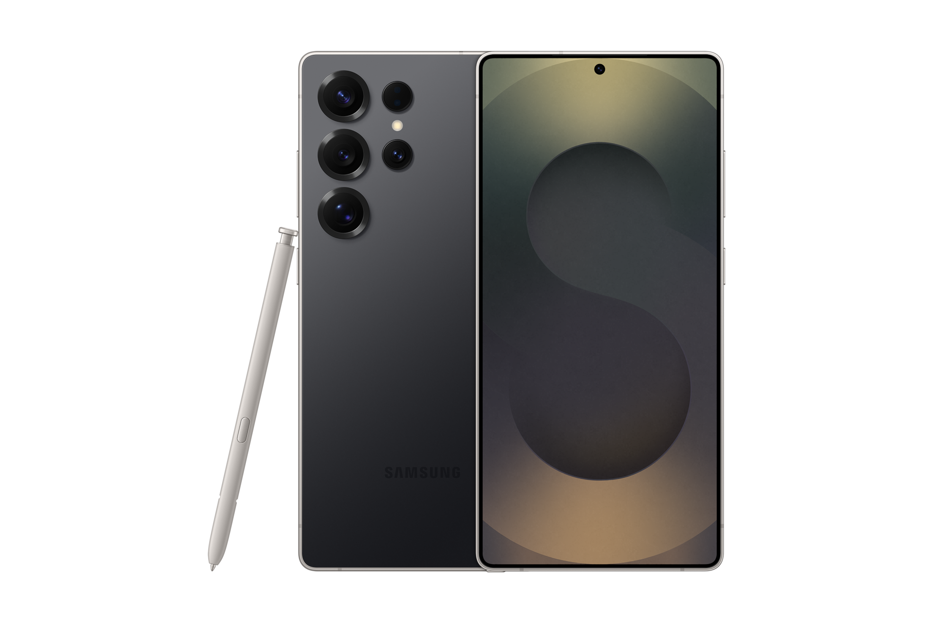 갤럭시 S25 울트라 자급제 티타늄 블랙 제품 2개가 나란히 포개져 있고, 왼쪽에는 카메라 홀이 보이는 뒷면 방향으로 오른쪽에는 메인 디스플레이가 보이는 정면 방향으로 제품이 놓여 있습니다. 