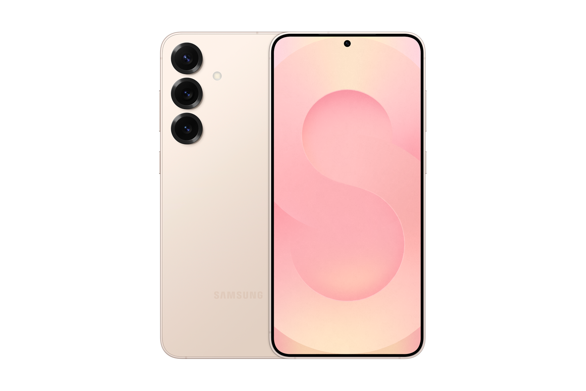 갤럭시 S25+ 자급제 (삼성닷컴/삼성 강남 전용컬러) 핑크골드 제품 2개가 나란히 포개져 있고, 왼쪽에는 카메라 홀이 보이는 뒷면 방향으로 오른쪽에는 메인 디스플레이가 보이는 정면 방향으로 제품이 놓여 있습니다. 