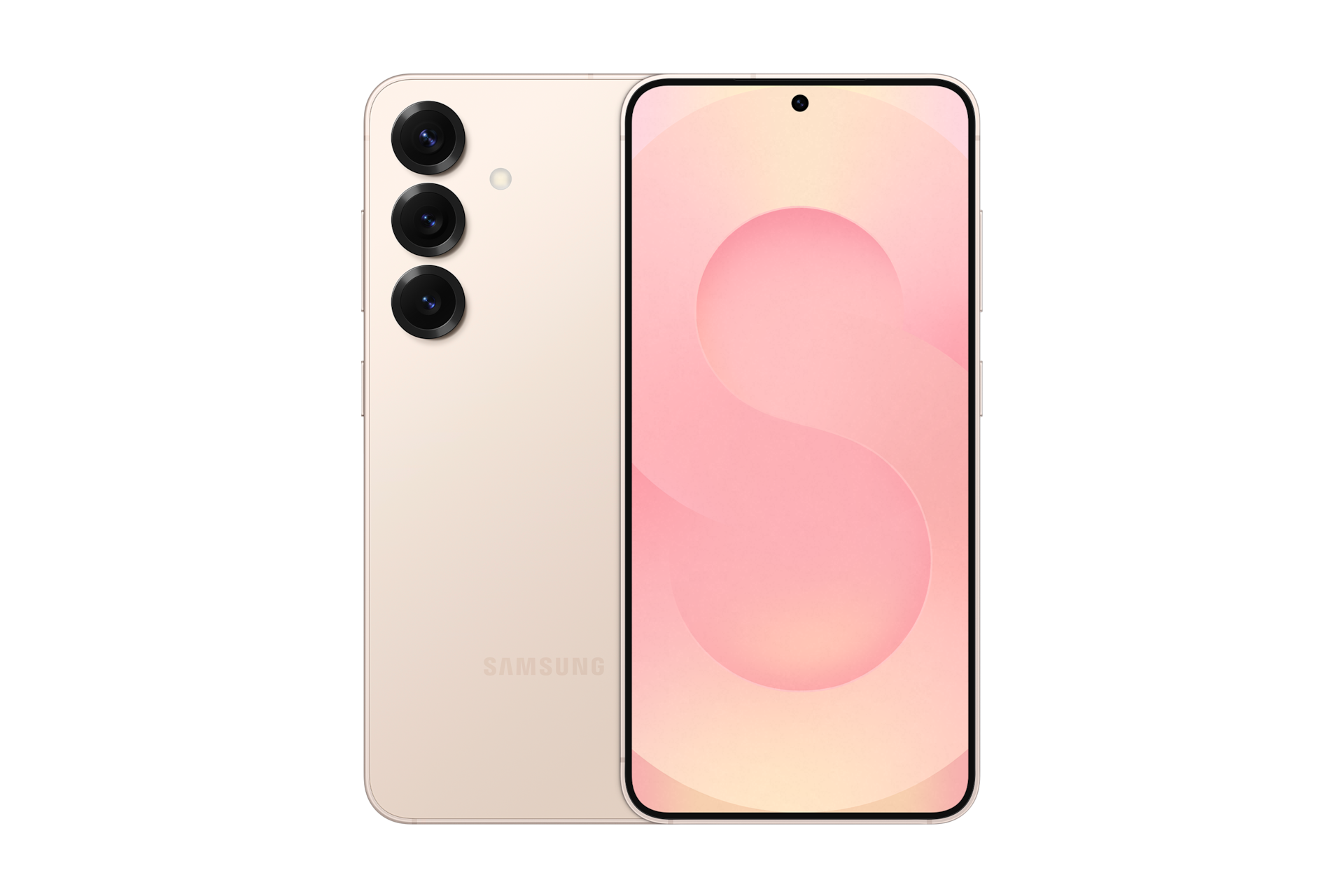 갤럭시 S25 자급제 (삼성닷컴/삼성 강남 전용컬러) 핑크골드 제품 2개가 나란히 포개져 있고, 왼쪽에는 카메라 홀이 보이는 뒷면 방향으로 오른쪽에는 메인 디스플레이가 보이는 정면 방향으로 제품이 놓여 있습니다. 