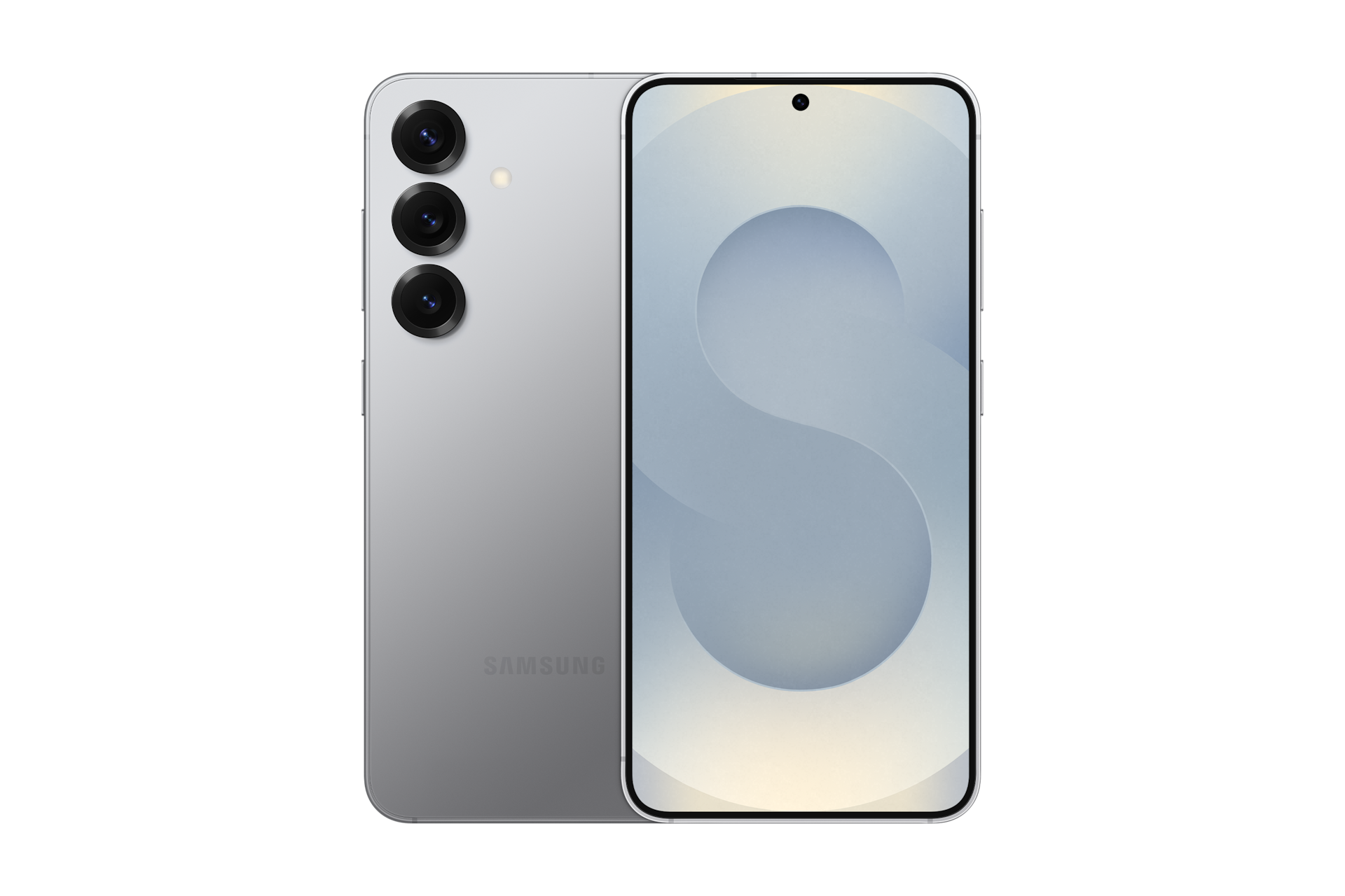 갤럭시 S25 통신사폰 (SKT/KT/LG U+) 실버 쉐도우 제품 2개가 나란히 포개져 있고, 왼쪽에는 카메라 홀이 보이는 뒷면 방향으로 오른쪽에는 메인 디스플레이가 보이는 정면 방향으로 제품이 놓여 있습니다. 