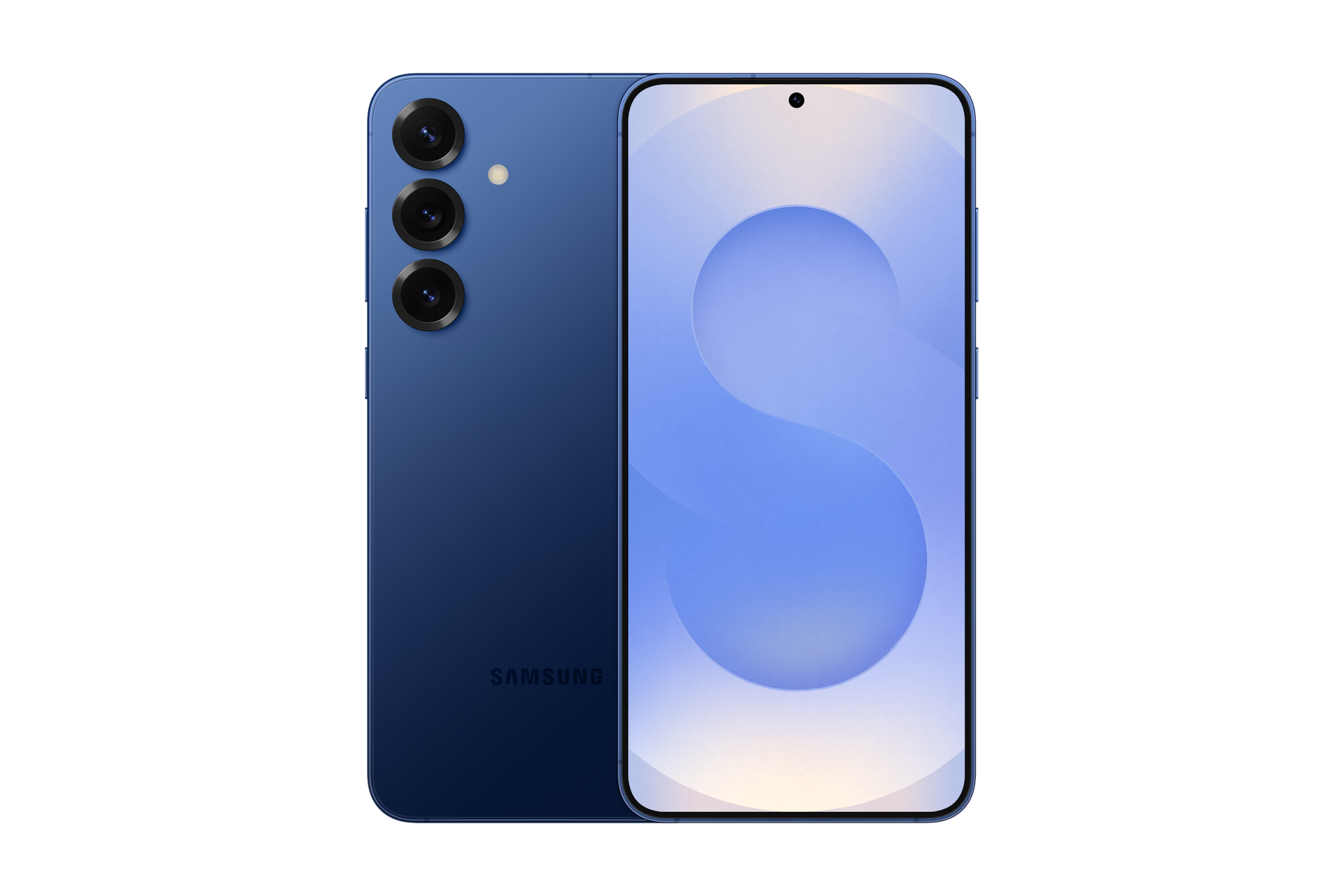 갤럭시 S25+ 자급제 네이비 제품 2개가 나란히 포개져 있고, 왼쪽에는 카메라 홀이 보이는 뒷면 방향으로 오른쪽에는 메인 디스플레이가 보이는 정면 방향으로 제품이 놓여 있습니다. 