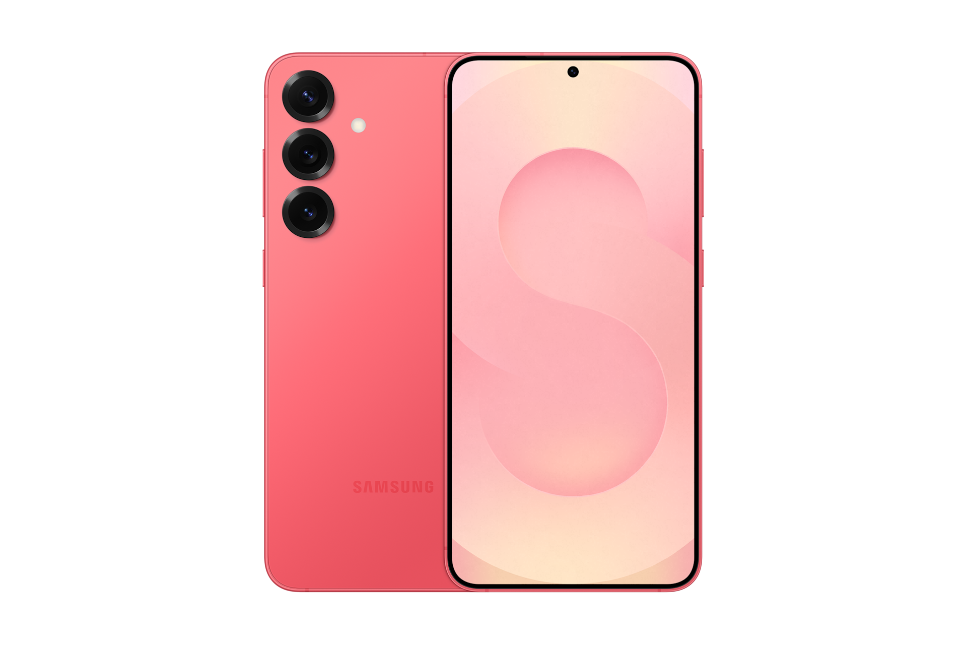 갤럭시 S25+ 자급제 (삼성닷컴/삼성 강남 전용컬러) 코랄레드 제품 2개가 나란히 포개져 있고, 왼쪽에는 카메라 홀이 보이는 뒷면 방향으로 오른쪽에는 메인 디스플레이가 보이는 정면 방향으로 제품이 놓여 있습니다. 