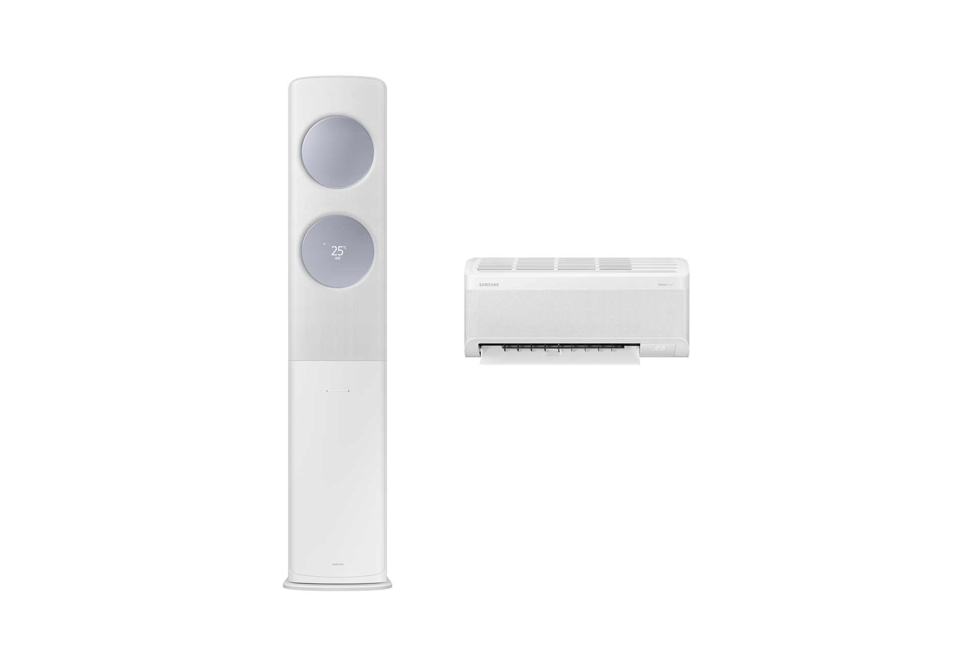 Bespoke AI 무풍 클래식 62.6/18.7㎡ (선매립, 리모컨 포함) 바디 화이트 / 패널 메탈릭 블루 좌측 스탠드 에어컨 정면 컷 우측 벽걸이 에어컨 정면 컷