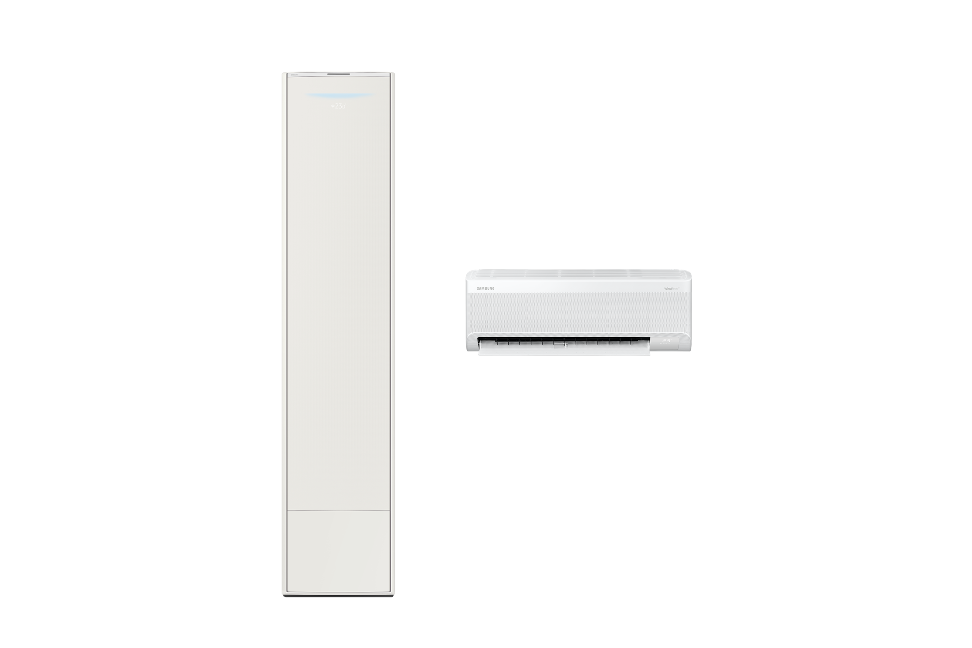 Bespoke AI 무풍콤보 갤러리 청정 62.6/18.7㎡ (리모컨 포함) 스탠드 에센셜 베이지 좌측 스탠드 에어컨 정면 컷 우측 벽걸이 에어컨 정면 컷