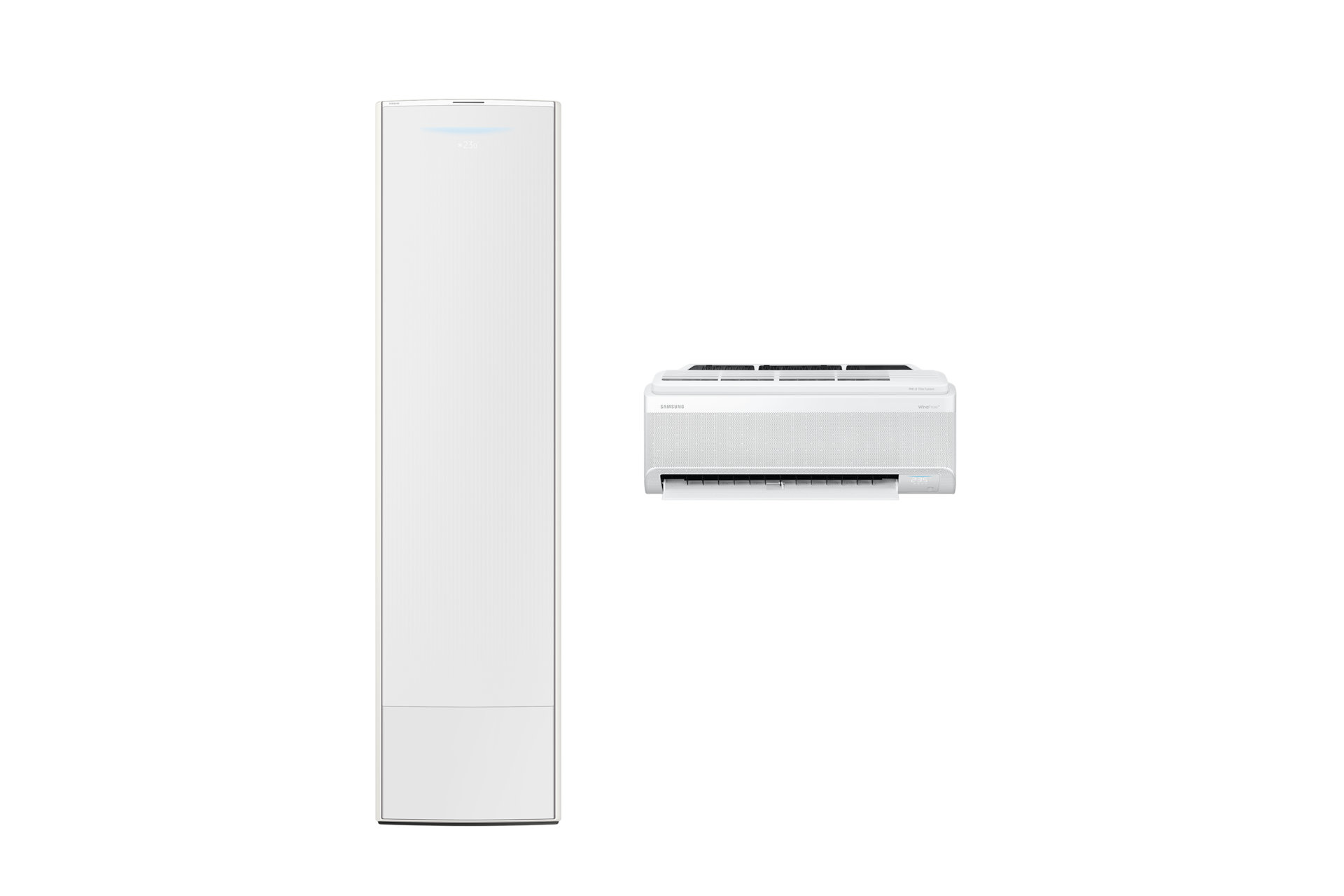 Bespoke AI 무풍콤보 갤러리 청정 81.8/18.7㎡ (선매립, 리모컨 포함) 스탠드 에센셜 화이트 좌측 스탠드 에어컨 정면 컷 우측 벽걸이 에어컨 정면 컷