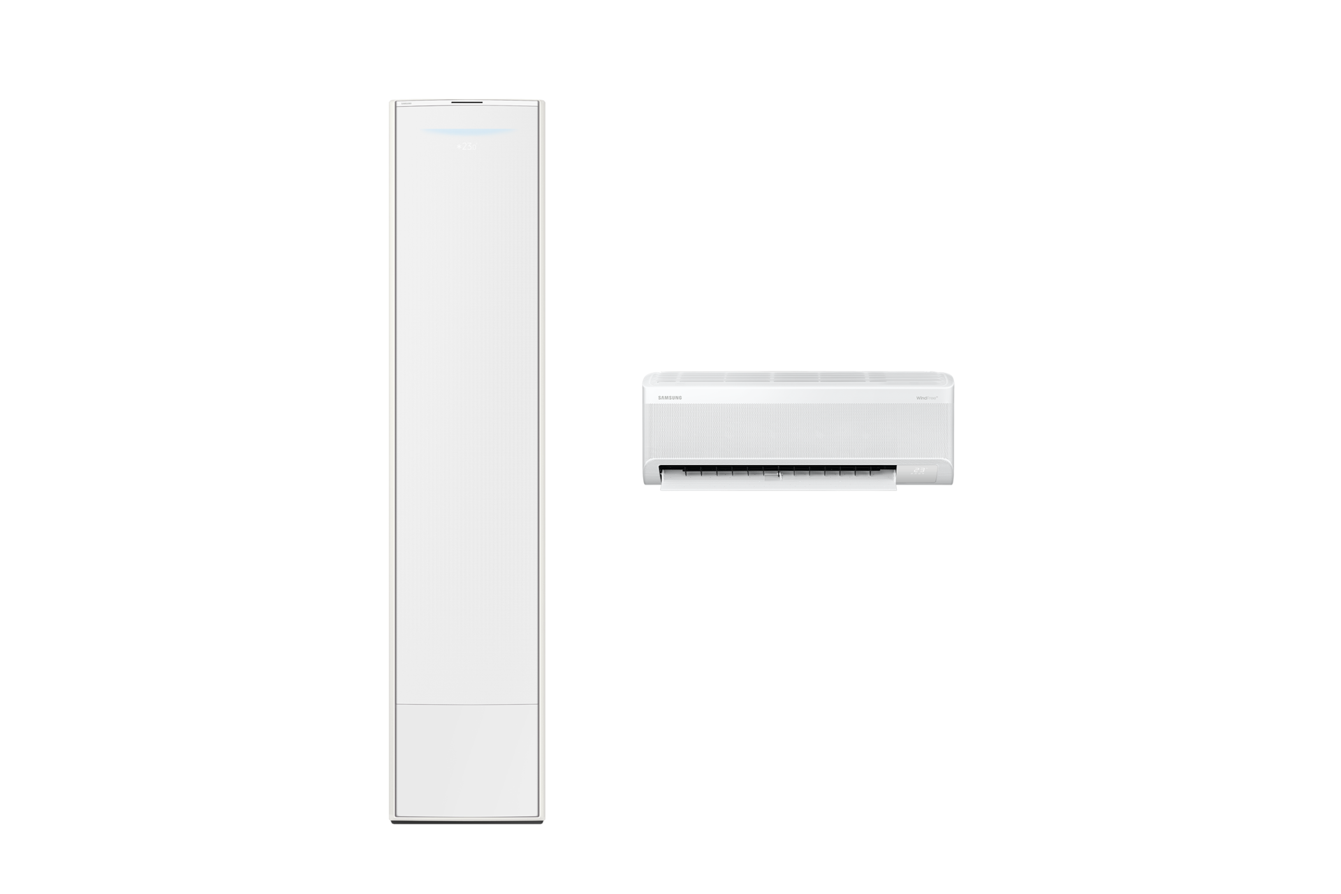 Bespoke AI 무풍콤보 갤러리 청정 62.6/18.7㎡ (선매립, 리모컨 포함) 스탠드 에센셜 화이트 좌측 스탠드 에어컨 정면 컷 우측 벽걸이 에어컨 정면 컷