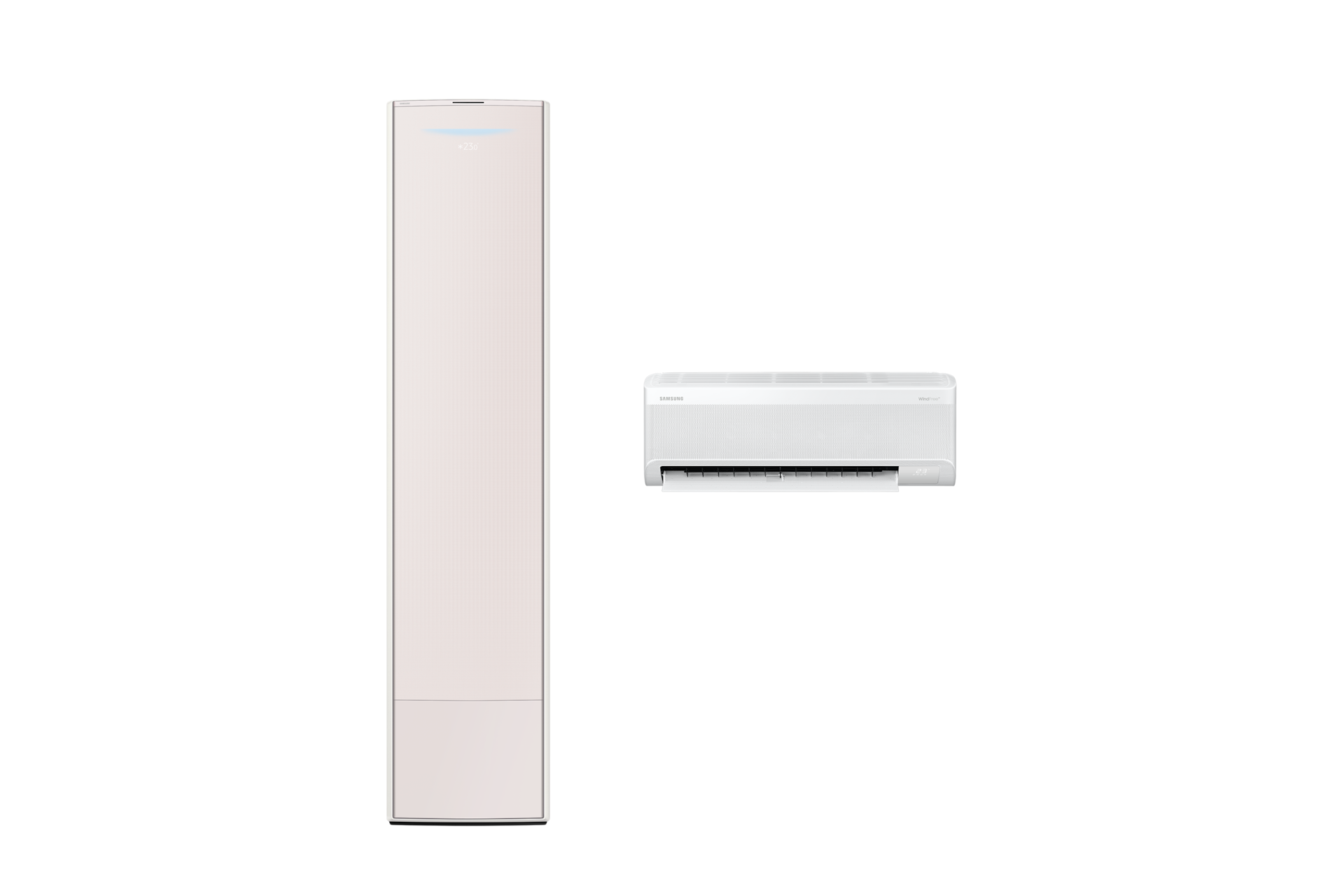 Bespoke AI 무풍콤보 갤러리 56.9/18.7㎡ (선매립, 리모컨 포함) 스탠드 에센셜 샴페인 좌측 스탠드 에어컨 정면 컷 우측 벽걸이 에어컨 정면 컷