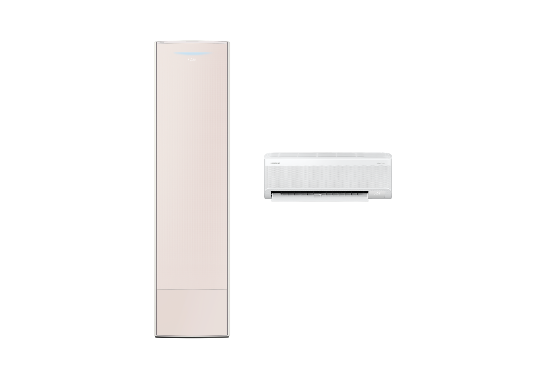 Bespoke AI 무풍콤보 갤러리 65.9/18.7㎡ (리모컨 미포함) 스탠드 에센셜 샴페인 좌측 스탠드 에어컨 정면 컷 우측 벽걸이 에어컨 정면 컷