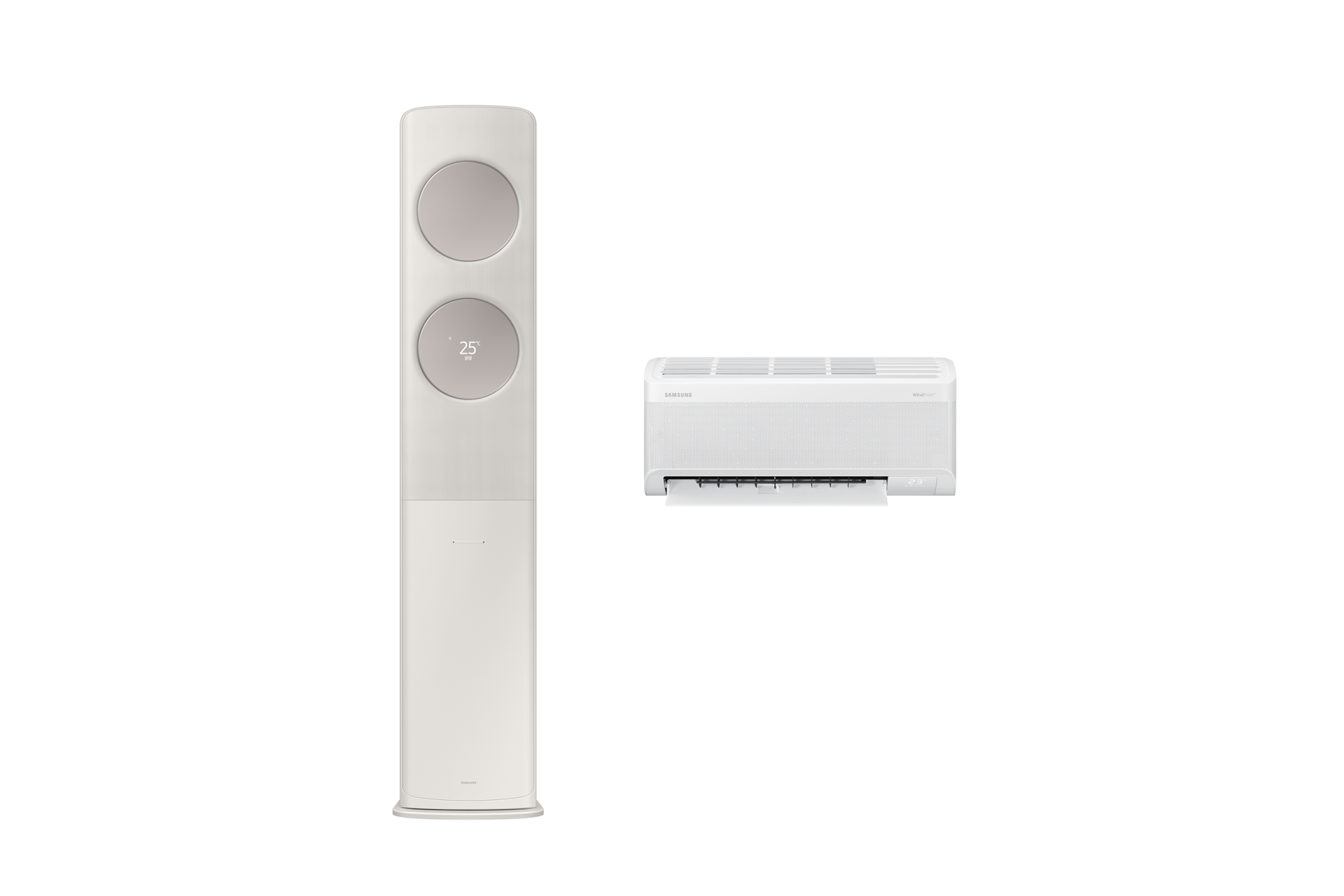 Bespoke AI 무풍 클래식 청정 62.6/18.7㎡ (리모컨 포함) 바디 산토리니 베이지 / 패널 메탈릭 베이지 좌측 스탠드 에어컨 정면 컷 우측 벽걸이 에어컨 정면 컷