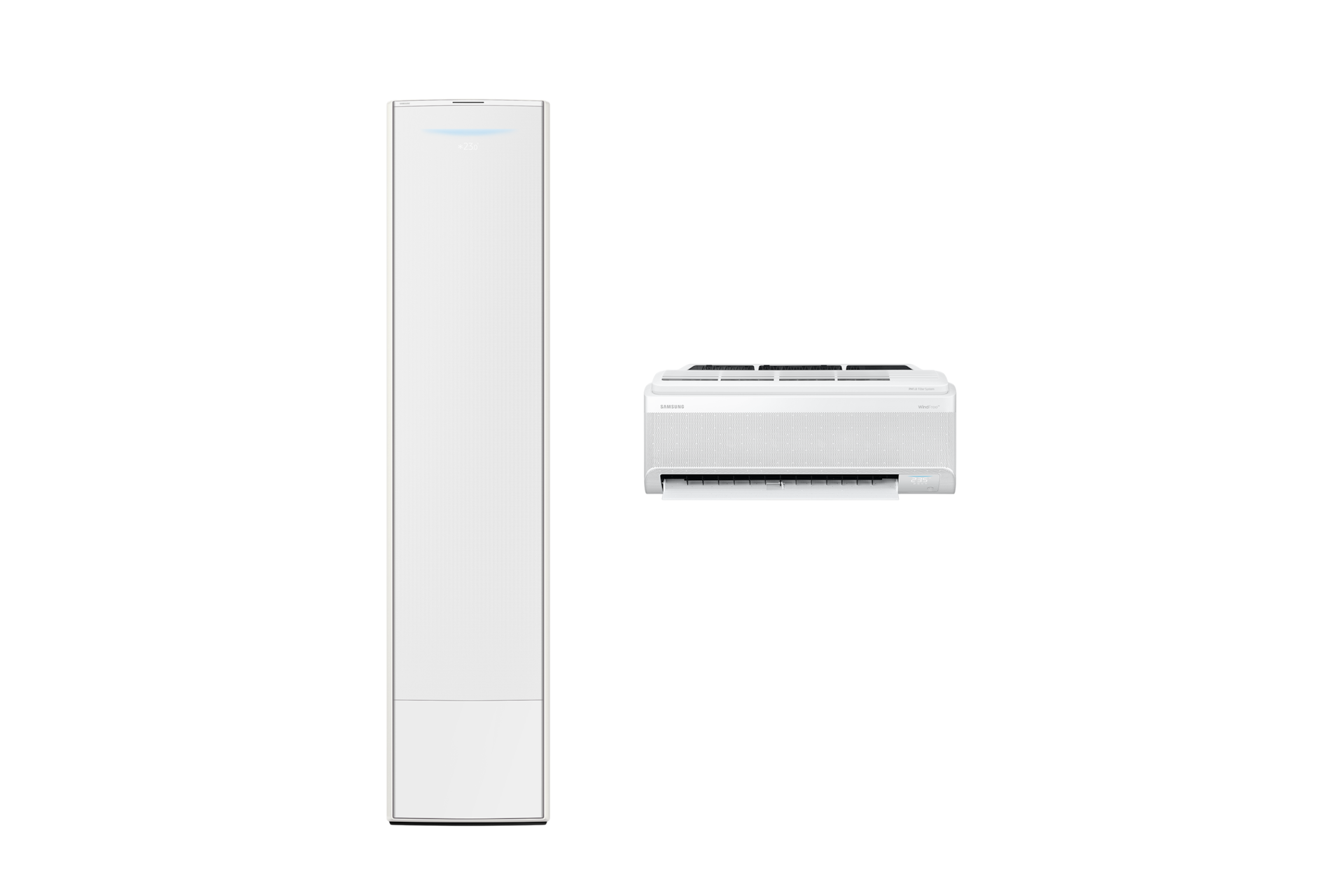 Bespoke AI 무풍콤보 갤러리 청정 56.9/18.7㎡ (선매립, 리모컨 포함) 스탠드 에센셜 화이트 좌측 스탠드 에어컨 정면 컷 우측 벽걸이 에어컨 정면 컷