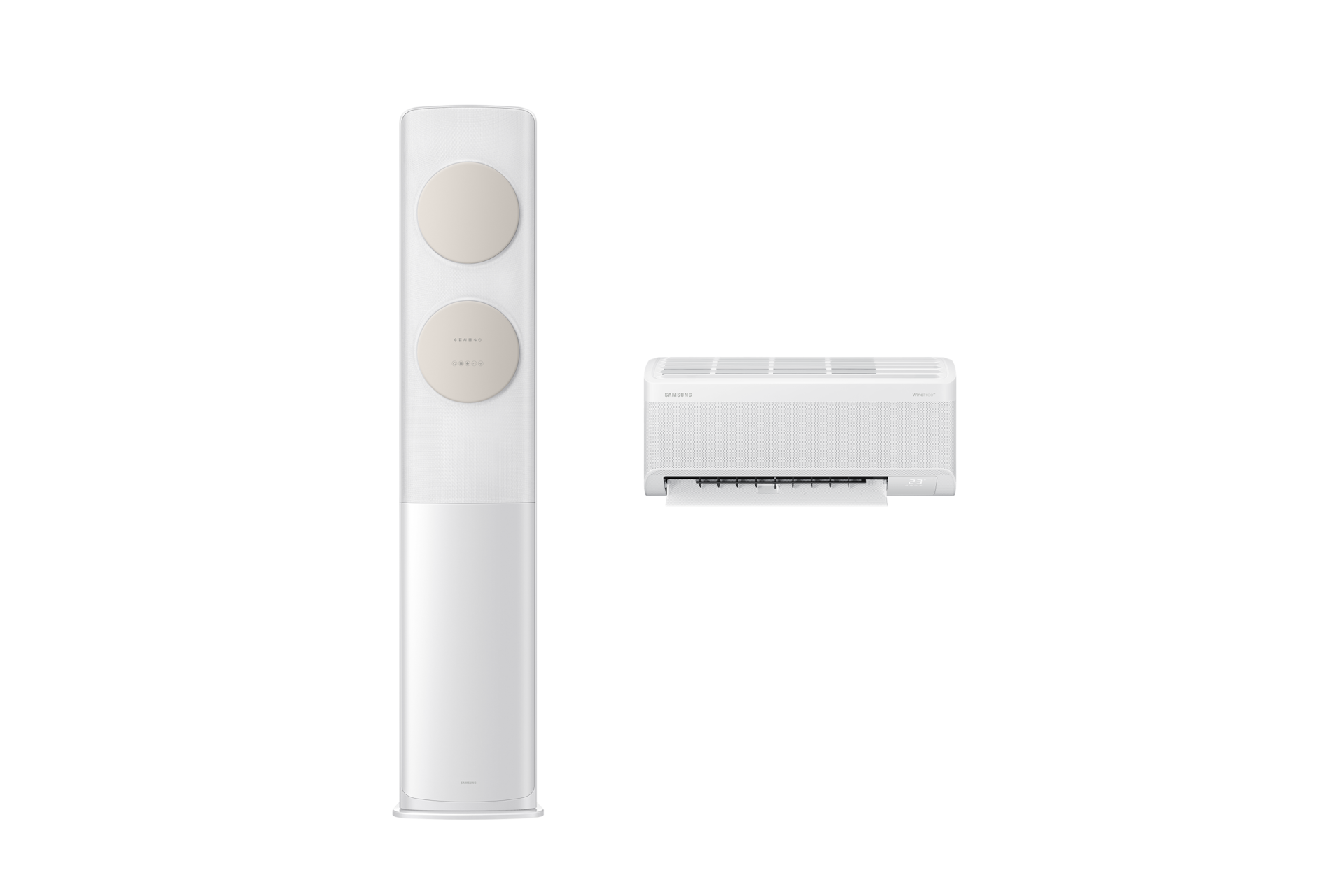 Bespoke AI 무풍 클래식 56.9/18.7㎡ (리모컨 포함) 바디 화이트 / 바람문 베이지 좌측 스탠드 에어컨 정면 컷 우측 벽걸이 에어컨 정면 컷