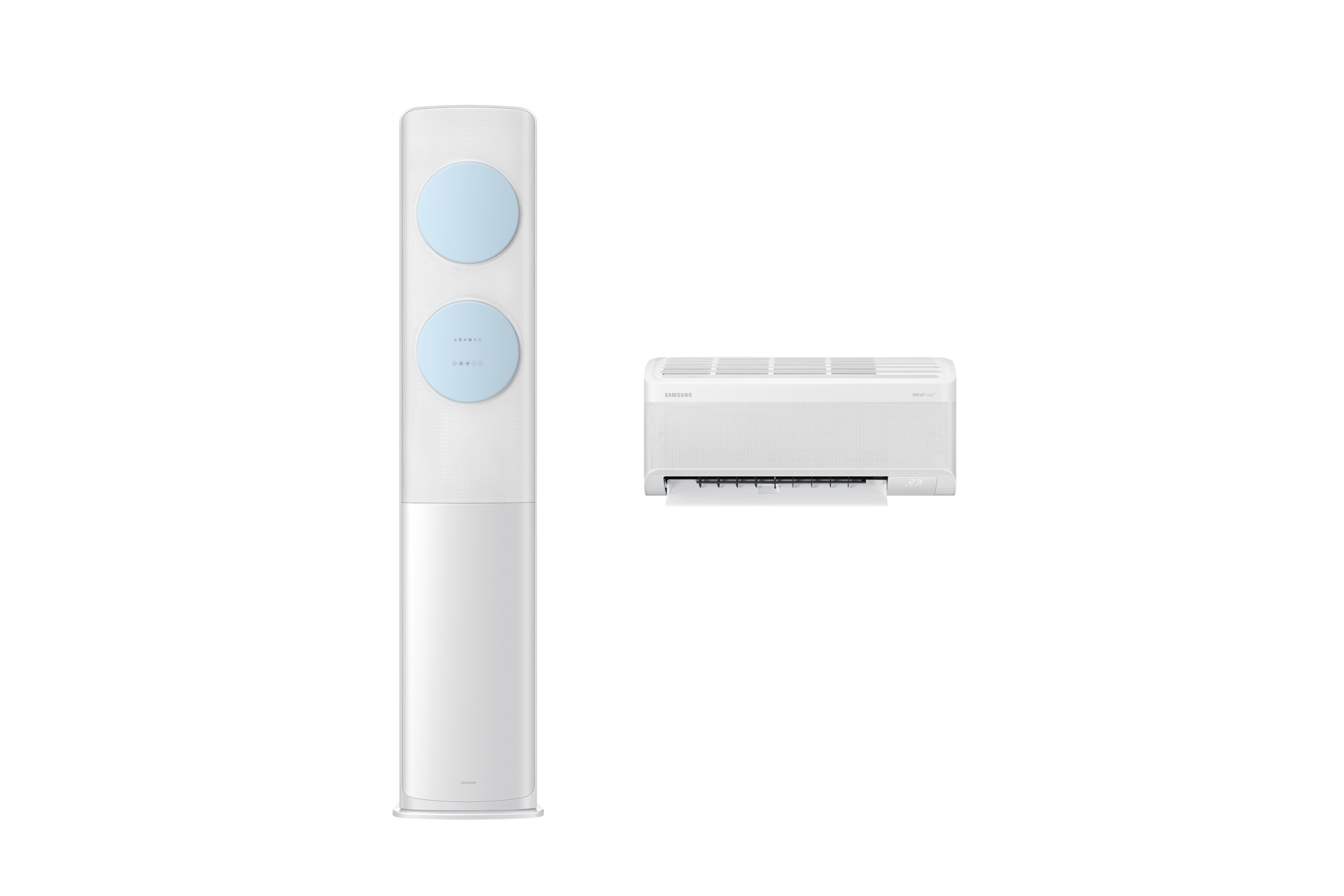 Bespoke AI 무풍 클래식 56.9/18.7㎡ (리모컨 포함 ) 바디 화이트 / 바람문 블루 좌측 스탠드 에어컨 정면 컷 우측 벽걸이 에어컨 정면 컷