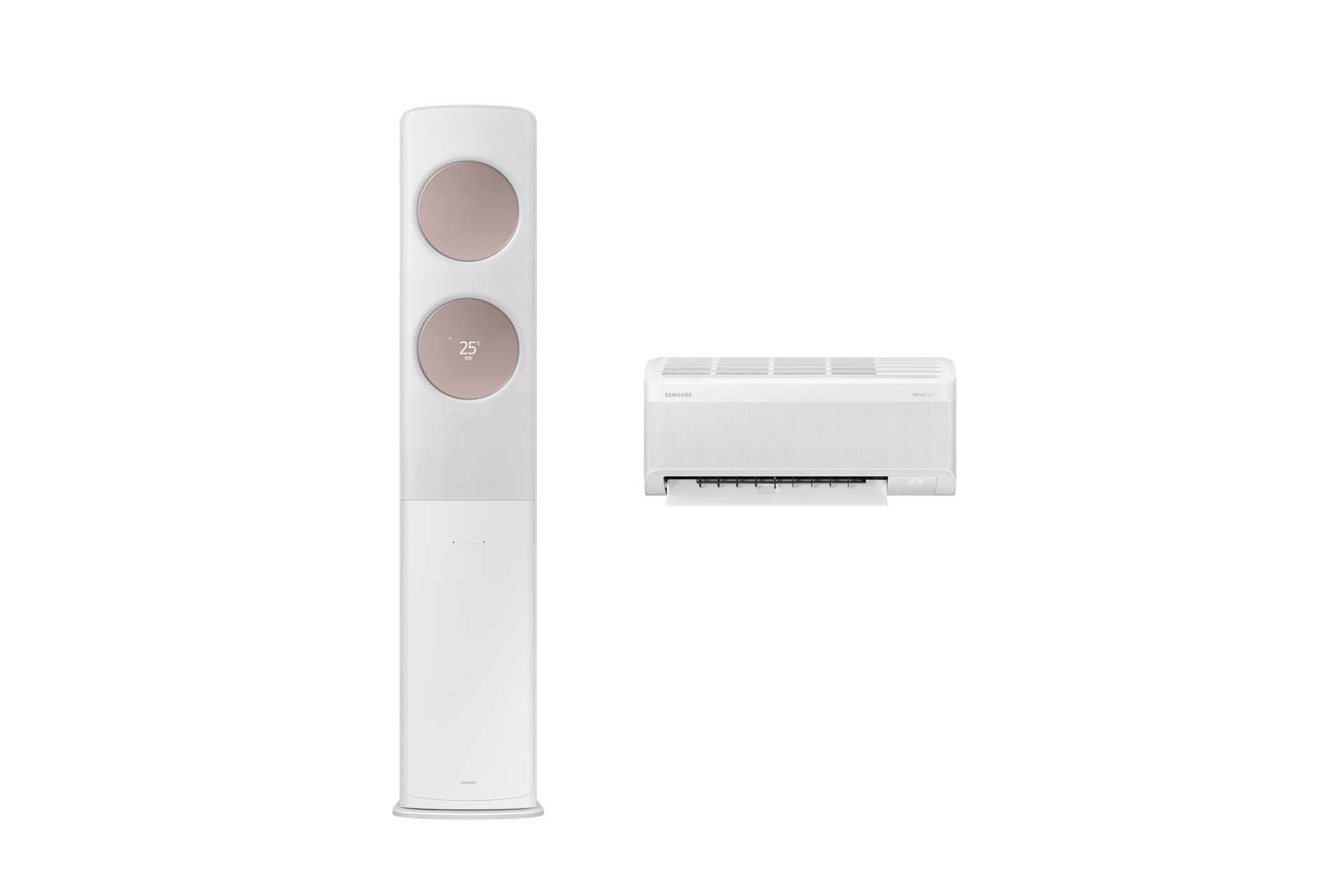 Bespoke AI 무풍 클래식 62.6/18.7㎡ (리모컨 포함) 바디 화이트 / 패널 메탈릭 로즈골드 좌측 스탠드 에어컨 정면 컷 우측 벽걸이 에어컨 정면 컷
