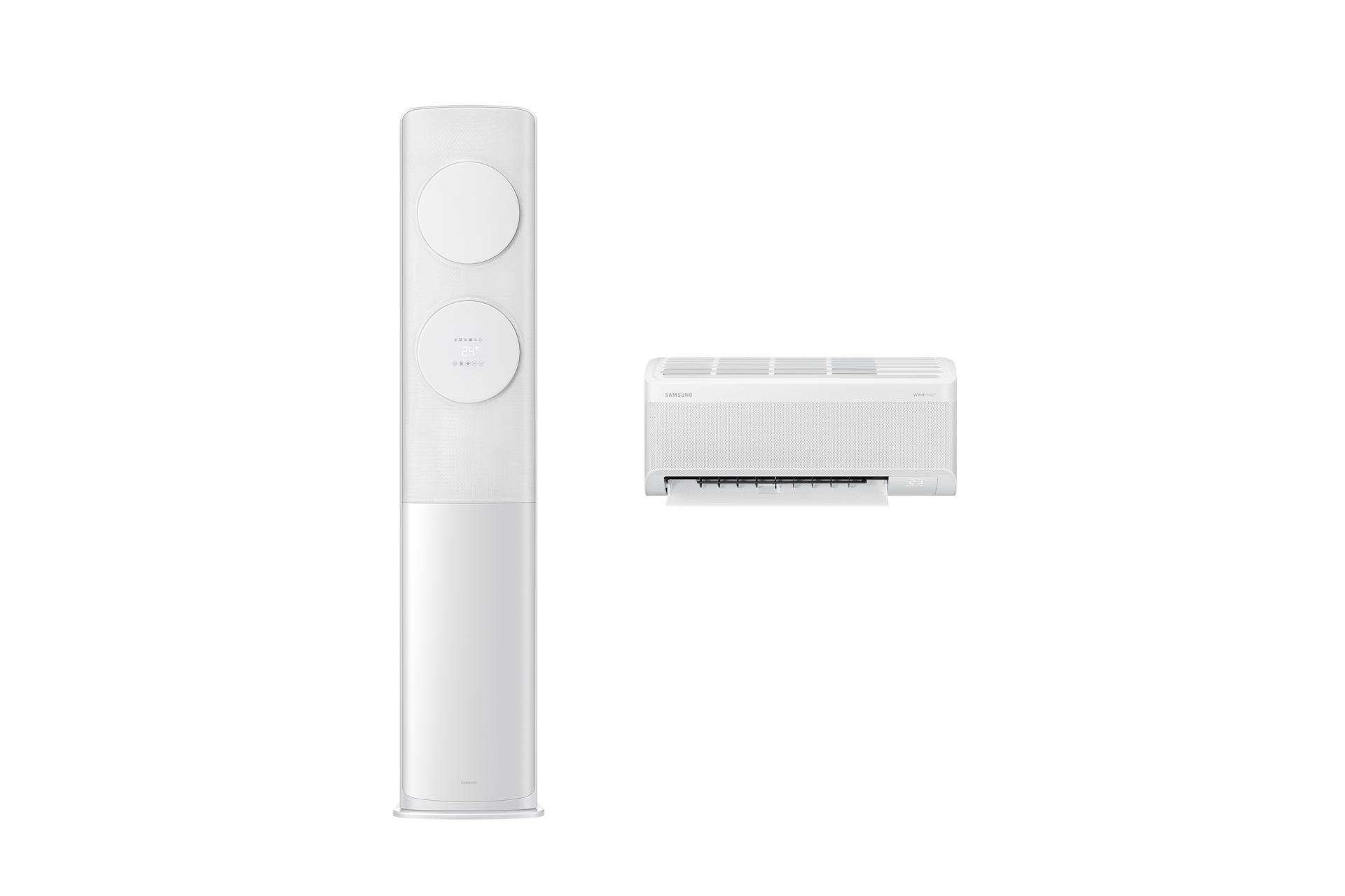 Bespoke AI 무풍 클래식 56.9/18.7㎡ (리모컨 포함) 바디 화이트 / 바람문 화이트 좌측 스탠드 에어컨 정면 컷 우측 벽걸이 에어컨 정면 컷