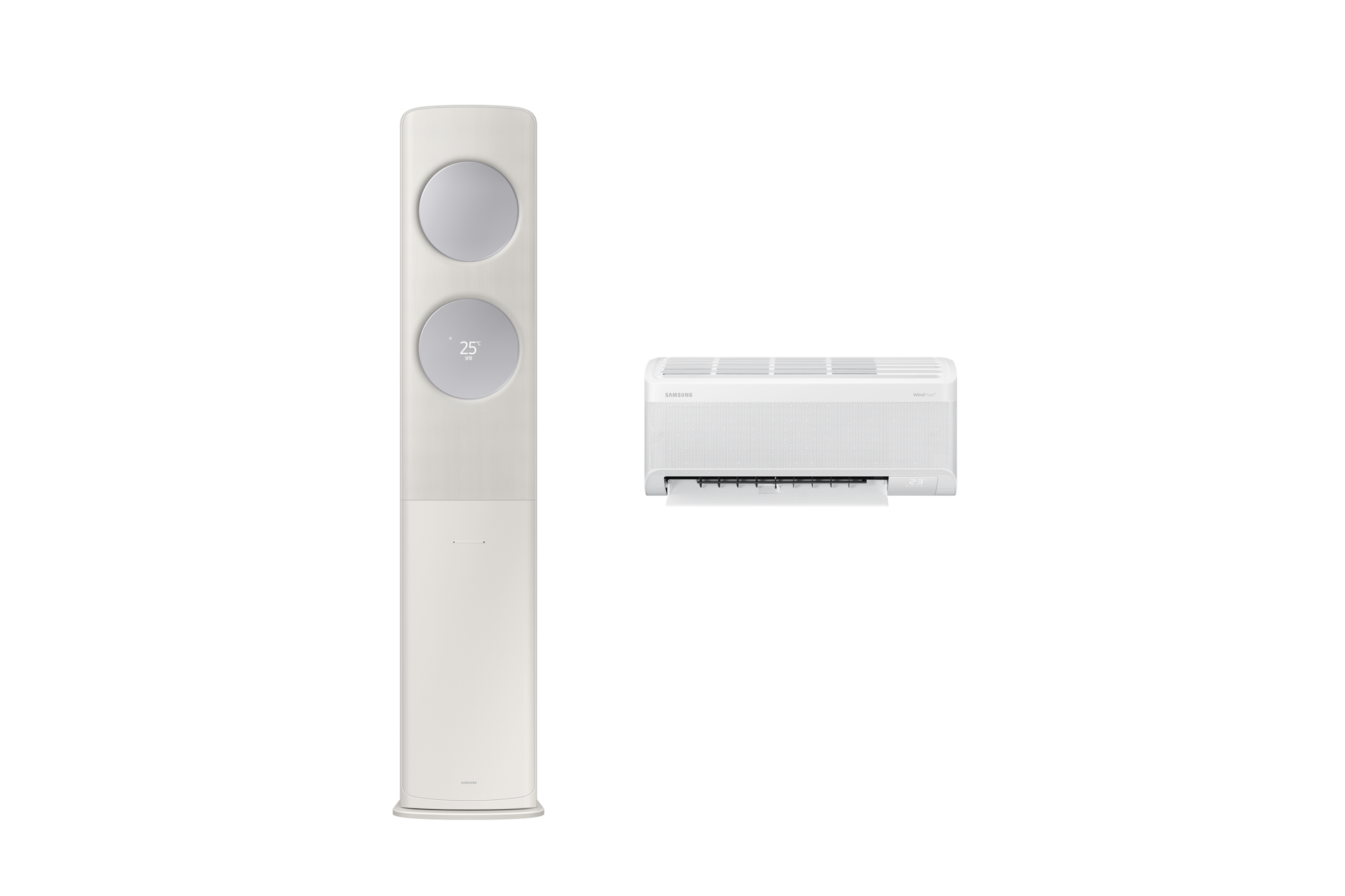 Bespoke AI 무풍 클래식 56.9/18.7㎡ (리모컨 포함) 바디 산토리니 베이지 / 패널 메탈릭실버 좌측 스탠드 에어컨 정면 컷 우측 벽걸이 에어컨 정면 컷