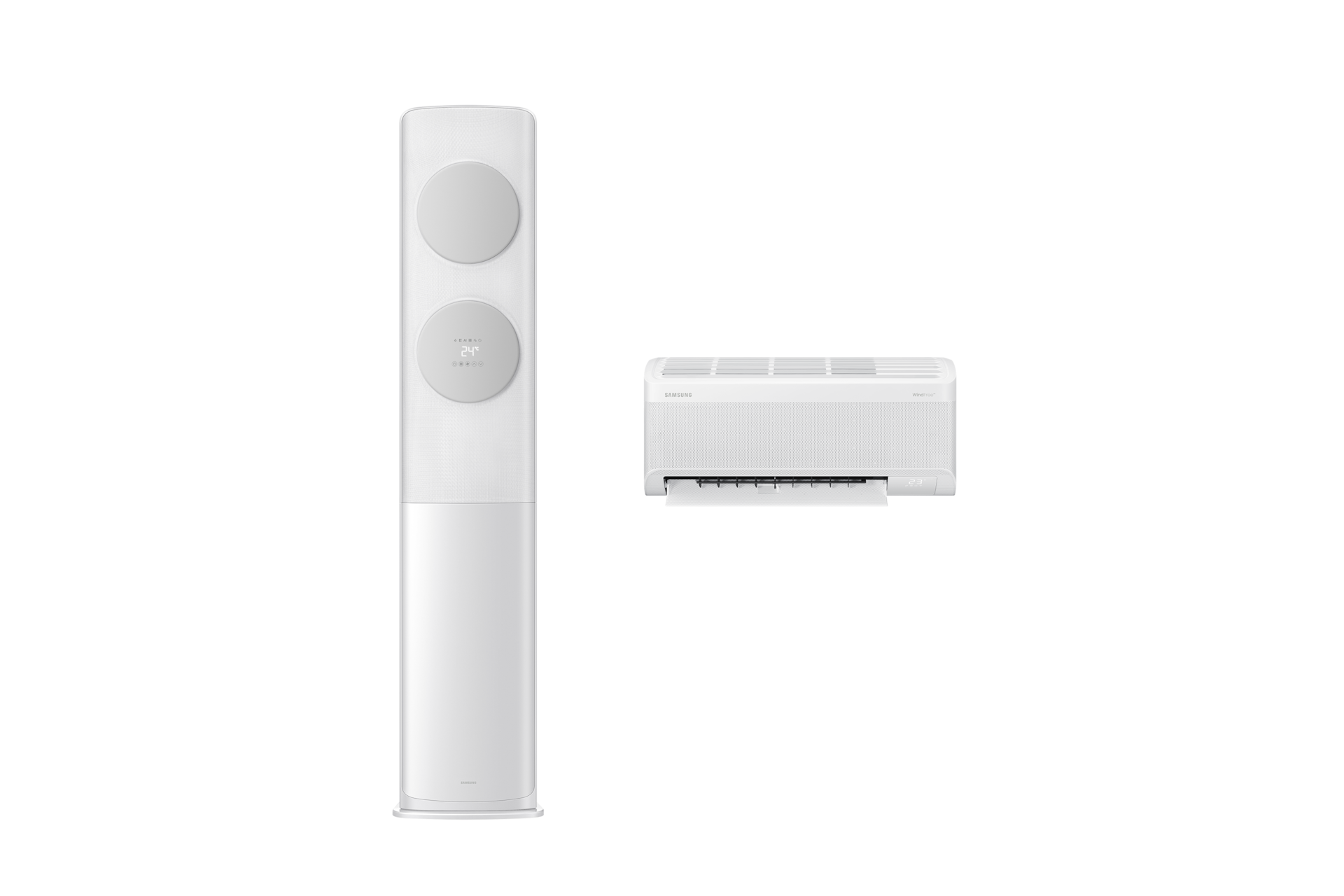 Bespoke AI 무풍 클래식 62.6/18.7㎡ (리모컨 포함) 바디 화이트 / 바람문 그레이 좌측 스탠드 에어컨 정면 컷 우측 벽걸이 에어컨 정면 컷