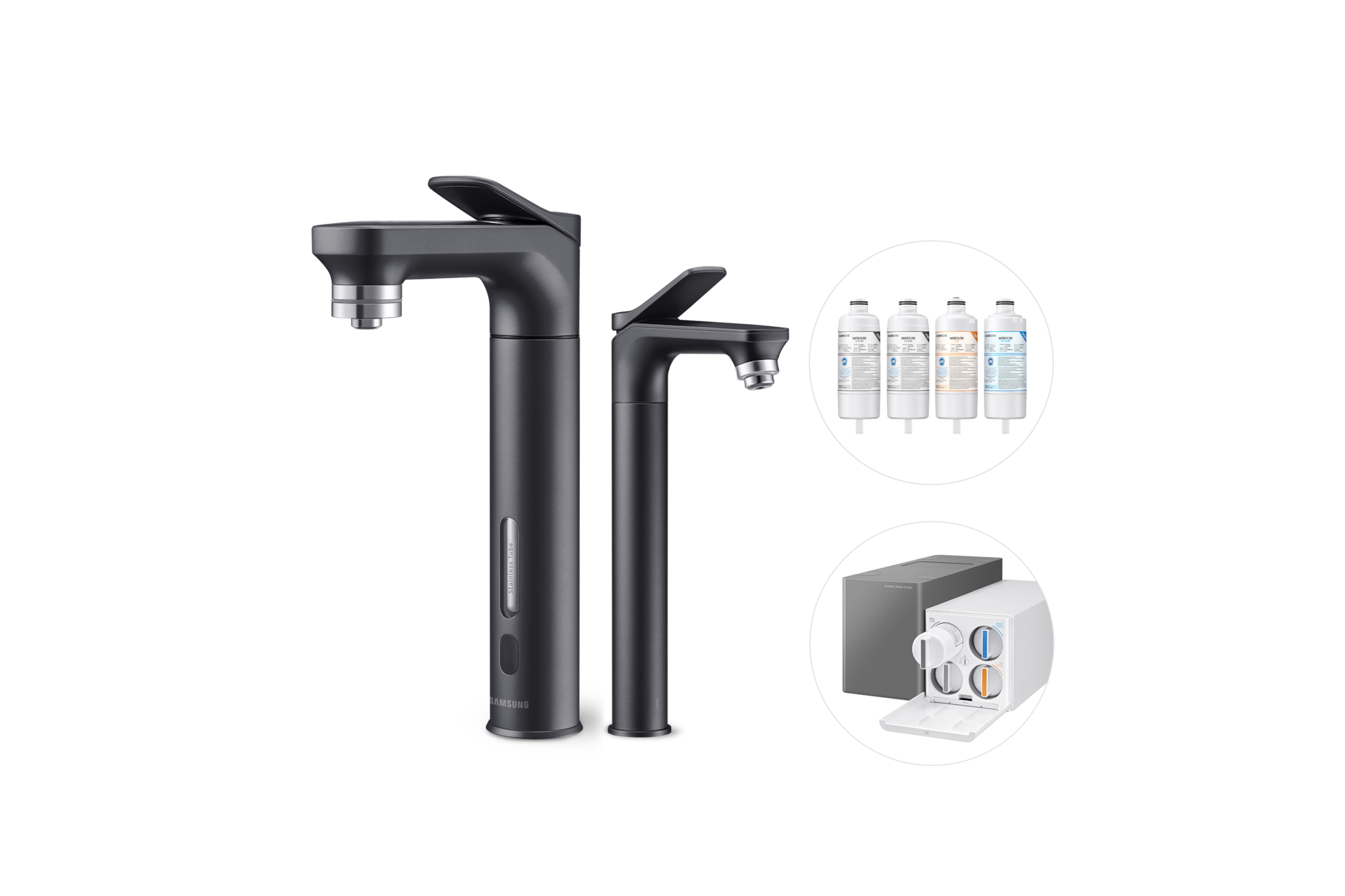 Bespoke 정수기 메인 파우셋+서브 파우셋 (냉/온/정수)+교체용 필터 1SET 알루 블랙 메인 파우셋 우측+서브 파우셋 좌측+교체용 필터+본체