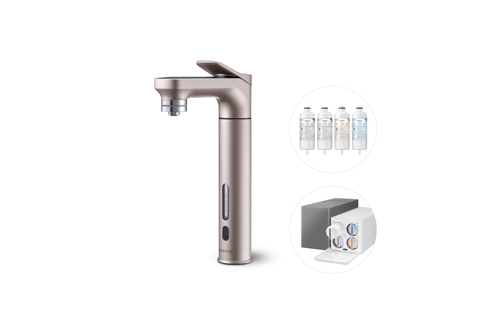 Bespoke 정수기 메인 파우셋 (냉/온/정수)+교체용 필터 1SET 알루 로즈골드 파우셋 우측+교체용 필터+본체