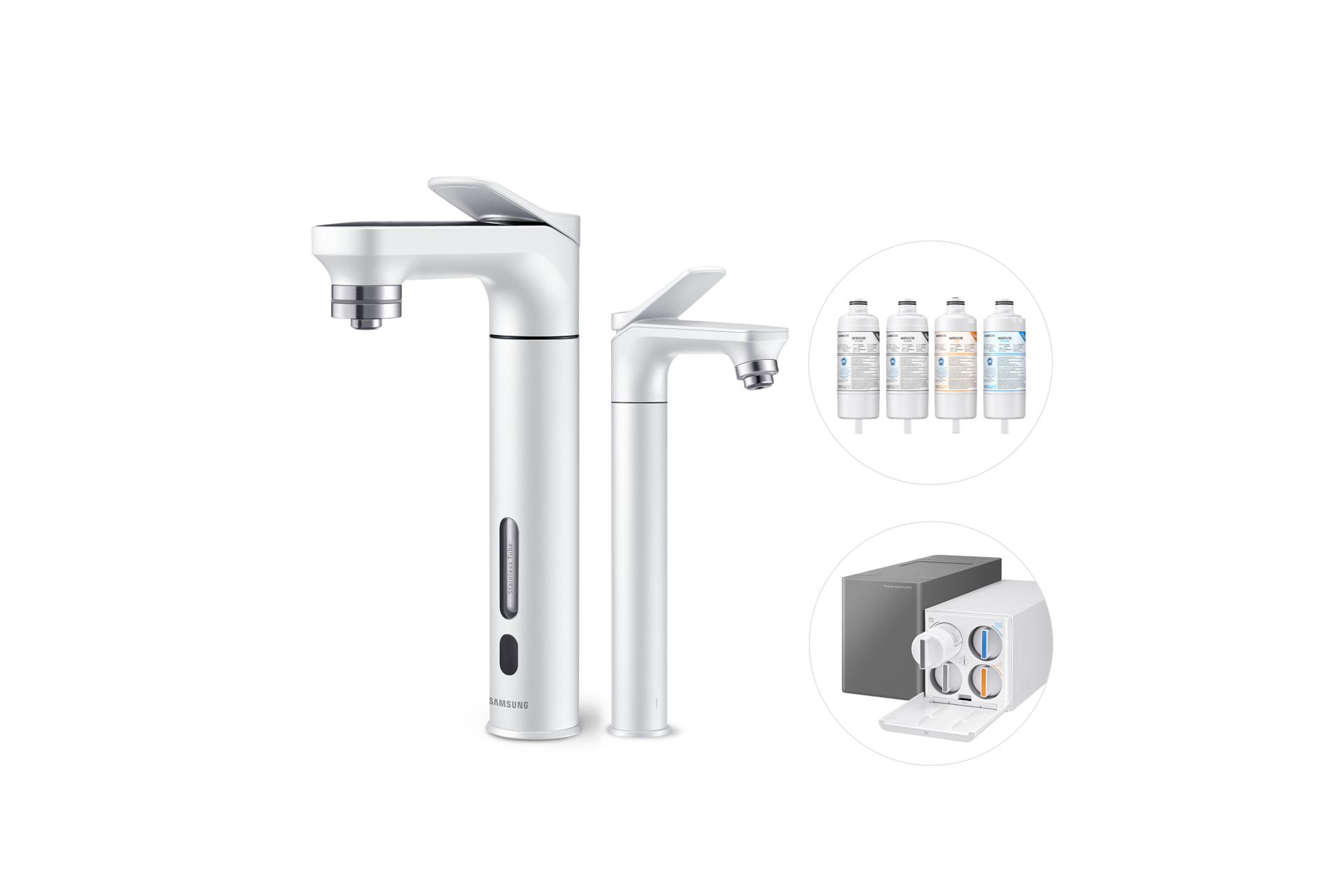 Bespoke 정수기 메인 파우셋+서브 파우셋 (냉/온/정수)+교체용 필터 1SET 알루 화이트 메인 파우셋 우측+서브 파우셋 좌측+교체용 필터+본체