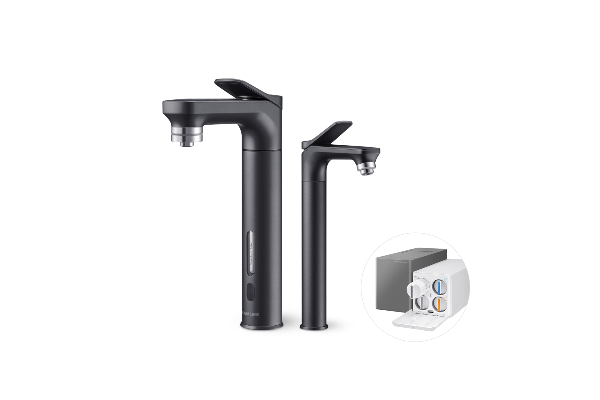 Bespoke 정수기 메인 파우셋+서브 파우셋 (냉/온/정수) 알루 블랙 메인 파우셋 우측면+서브 파우셋 좌측면+본체