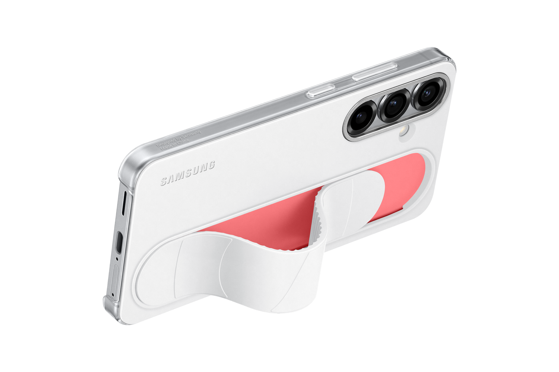 갤럭시 S25 스탠딩 그립 케이스 (화이트) 기기를 장착한 그립으로 가로로 세운 우측으로 45도 돌아간 후면 이미지