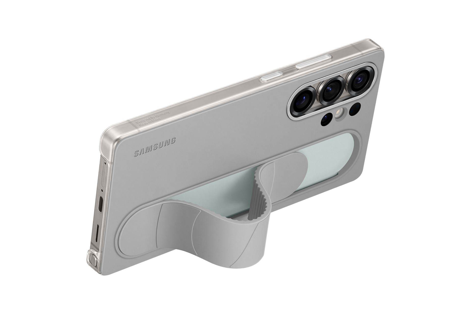 갤럭시 S25 Ultra 스탠딩 그립 케이스 (그레이) 기기를 장착한 그립으로 가로로 세운 우측으로 45도 돌아간 후면 이미지