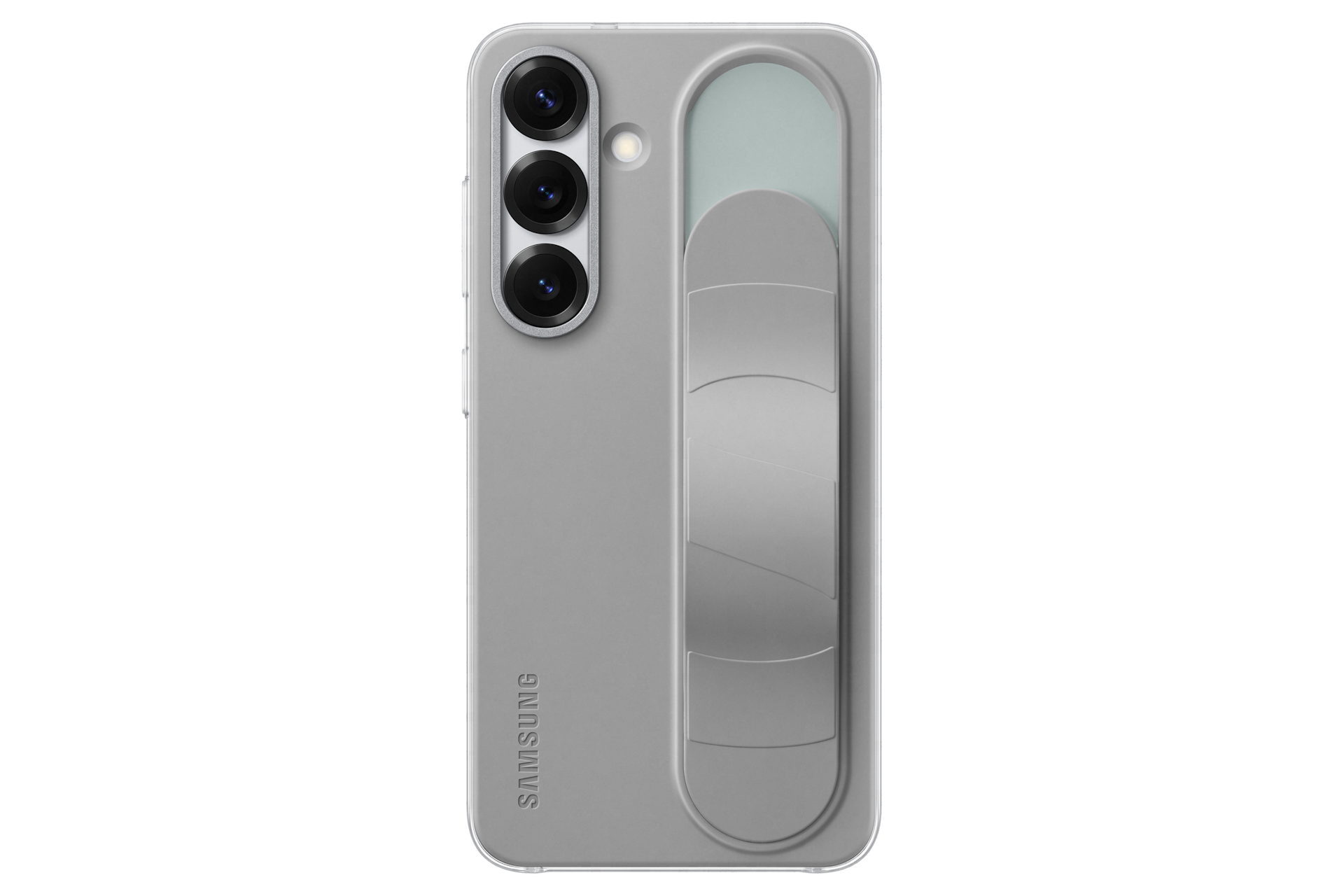 갤럭시 S25 스탠딩 그립 케이스 (그레이) 기기를 장착한 그립을 세운 후면 이미지