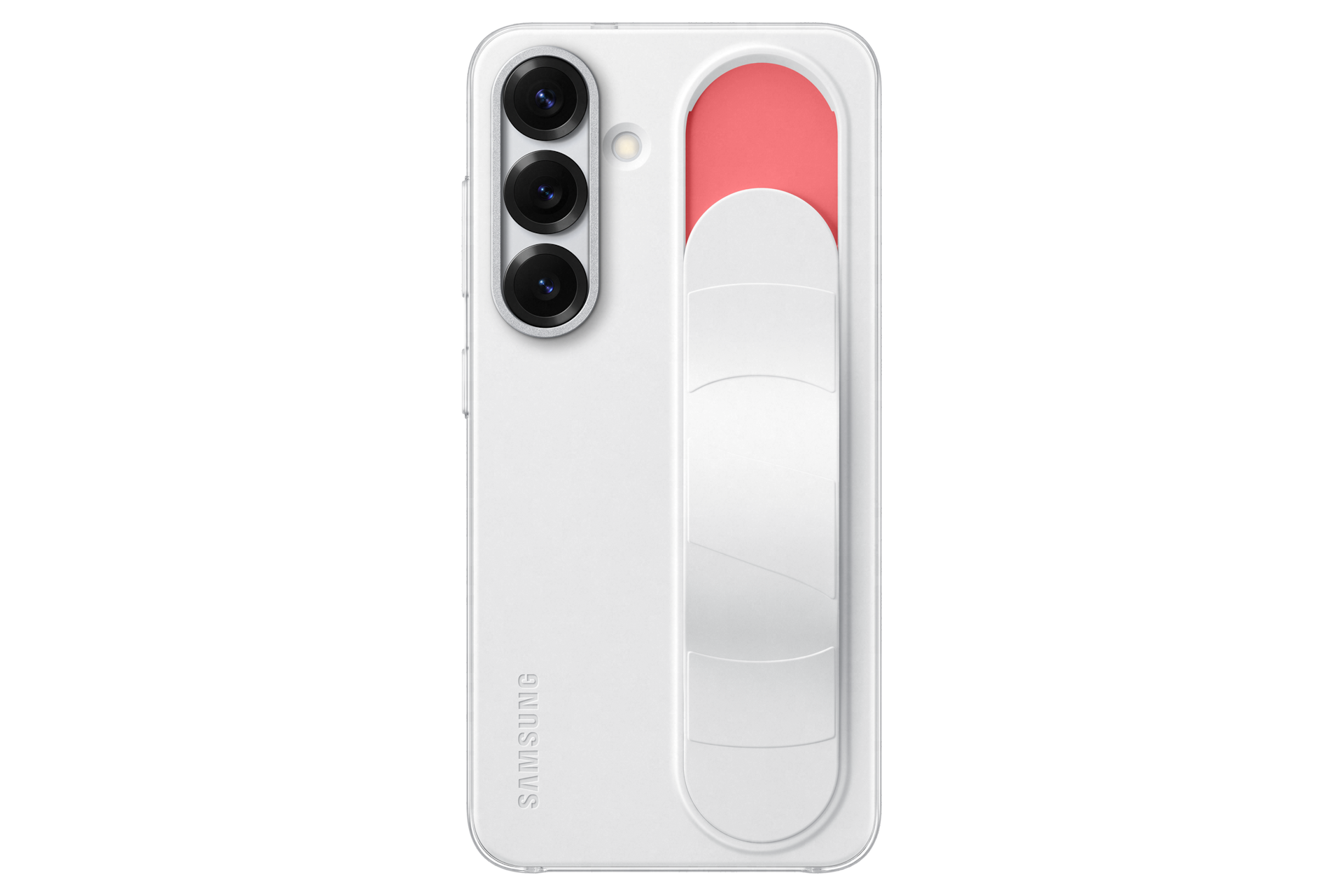 갤럭시 S25 스탠딩 그립 케이스 (화이트) 기기를 장착한 그립을 세운 후면 이미지