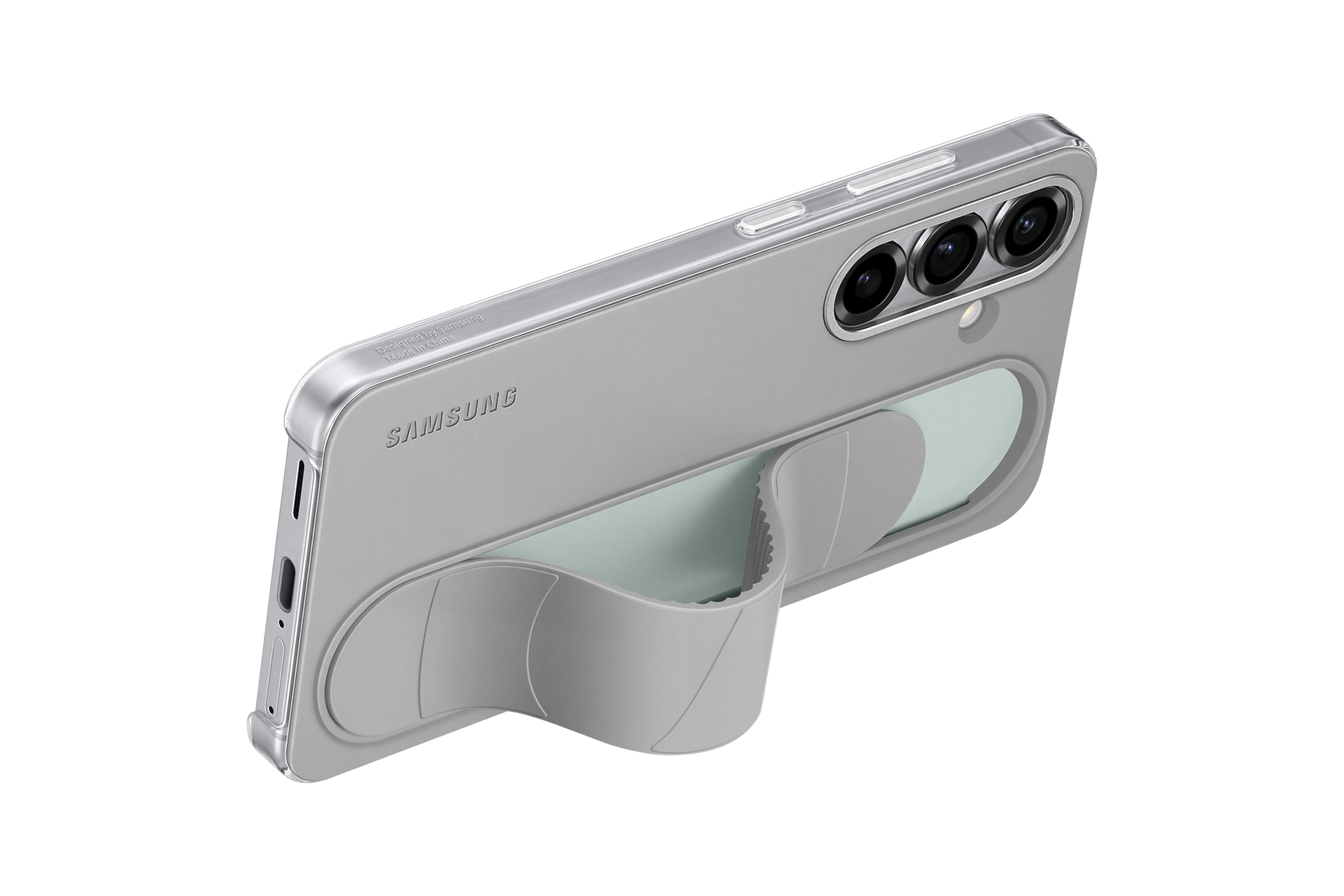 갤럭시 S25 스탠딩 그립 케이스 (그레이) 기기를 장착한 그립으로 가로로 세운 우측으로 45도 돌아간 후면 이미지