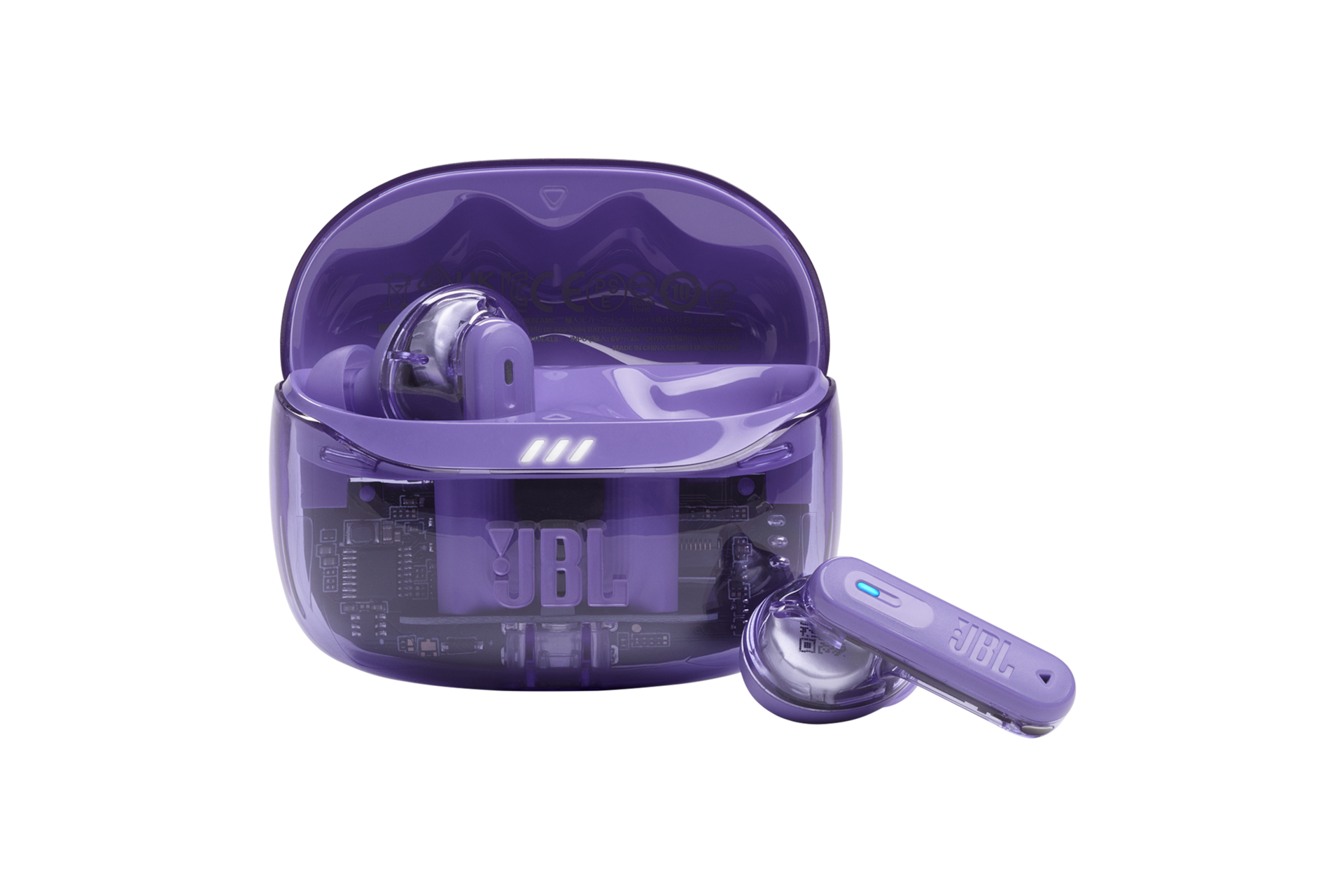 JBL TUNE BEAM 2 어댑티브 노이즈 캔슬링 무선 이어폰 고스트 모브(Mauve) 케이스가 열려 있으머 우측 이어폰이 케이스 밖으로 나와 있는 이미지