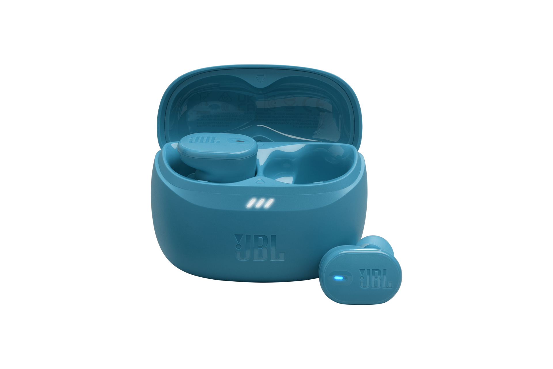 JBL TUNE BUDS 2 어댑티브 노이즈 캔슬링 무선 이어폰 터쿼이즈 케이스 케이스가 열려 있으머 우측 이어폰이 케이스 밖으로 나와 있는 이미지