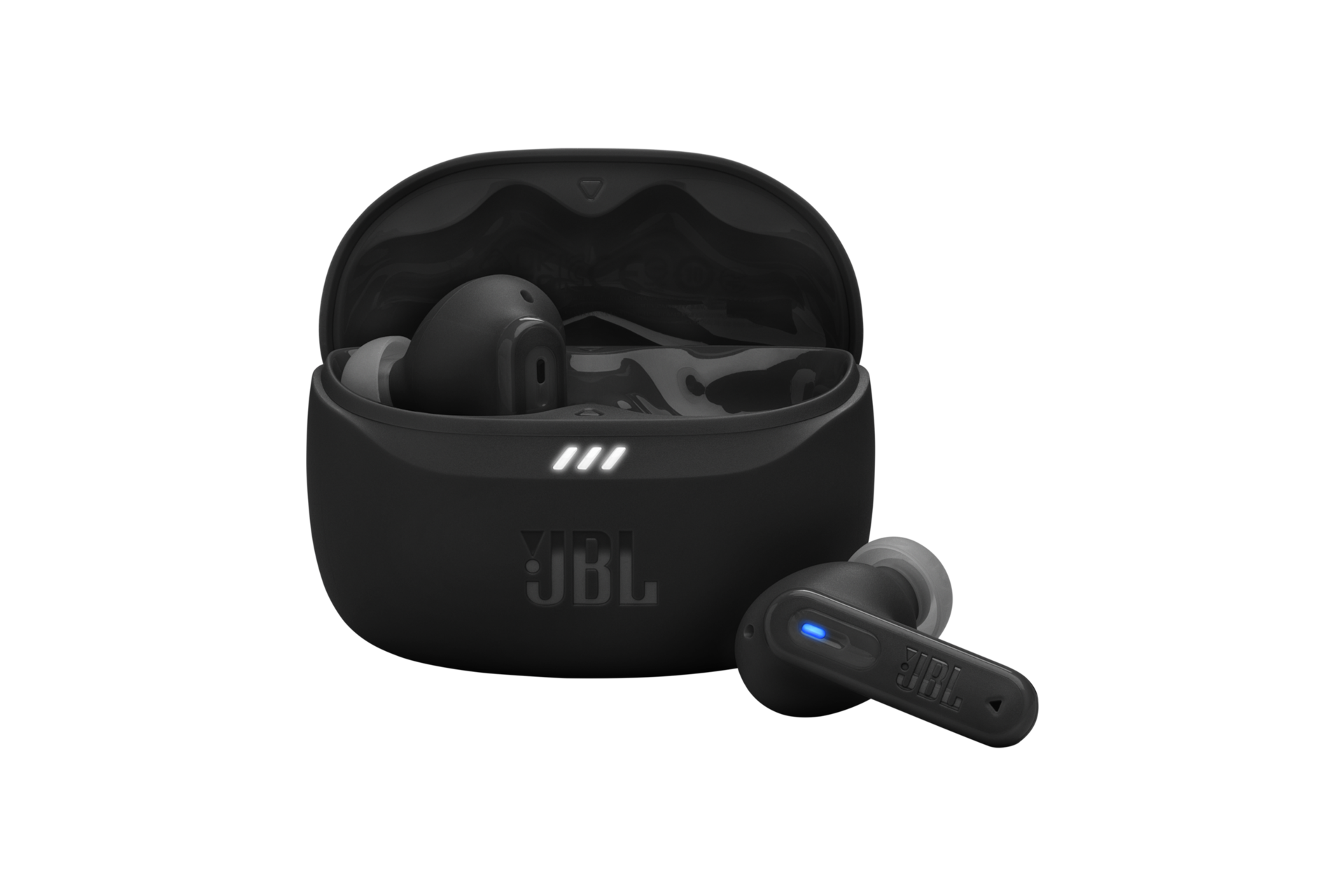 JBL TUNE BEAM 2 어댑티브 노이즈 캔슬링 무선 이어폰 블랙 케이스가 열려 있으머 우측 이어폰이 케이스 밖으로 나와 있는 이미지