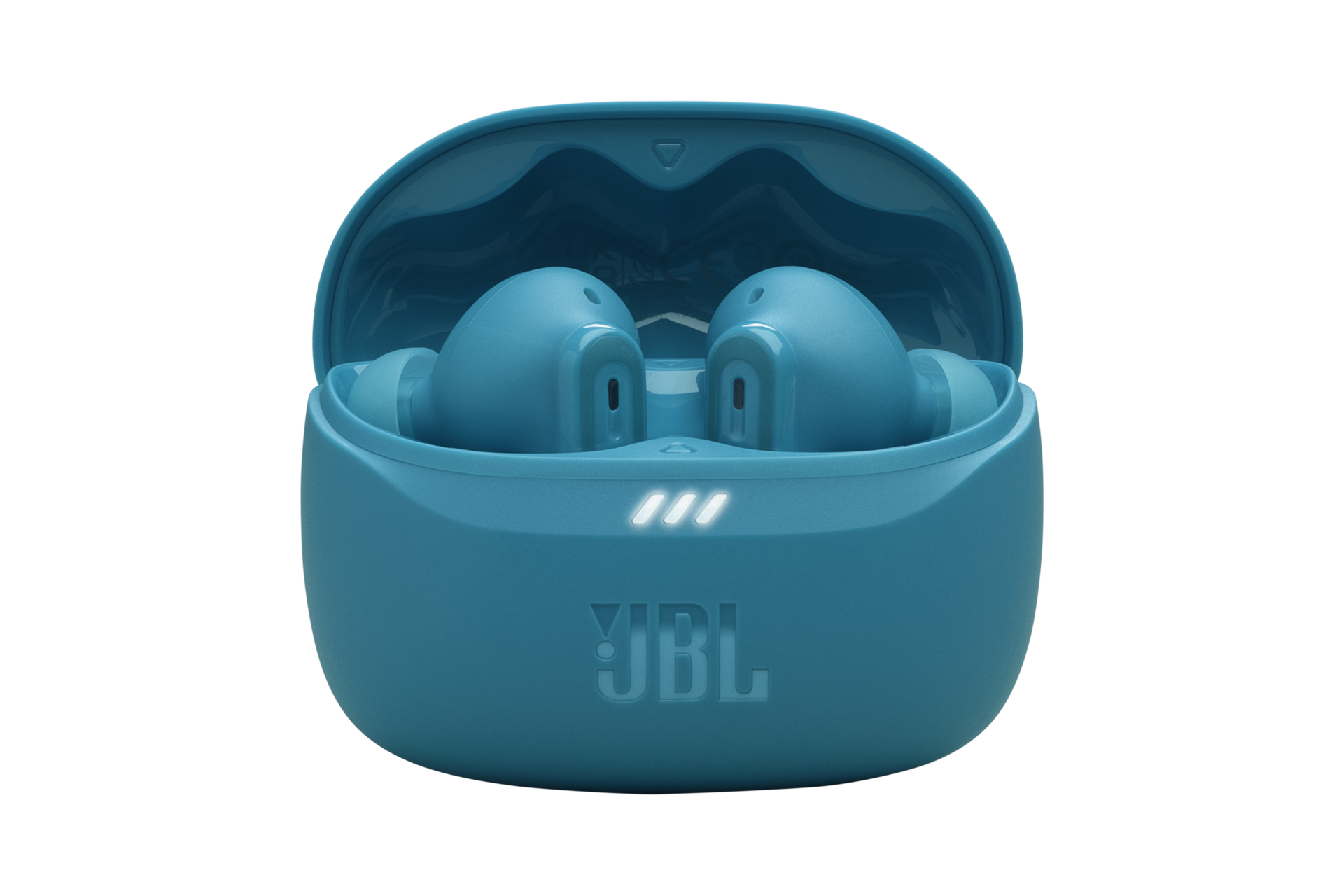 JBL TUNE BEAM 2 어댑티브 노이즈 캔슬링 무선 이어폰 터쿼이즈 케이스가 열린 이미지