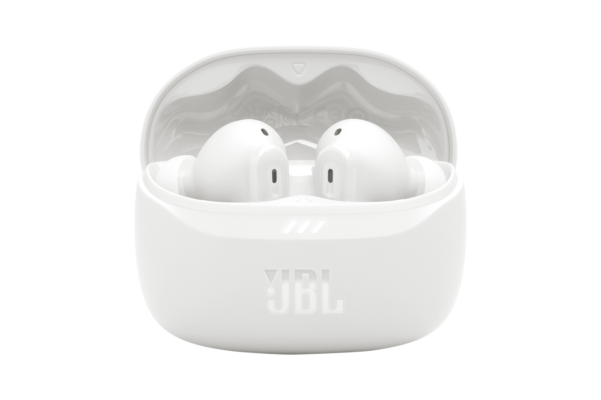 JBL TUNE BEAM 2 어댑티브 노이즈 캔슬링 무선 이어폰 화이트 케이스가 열린 이미지