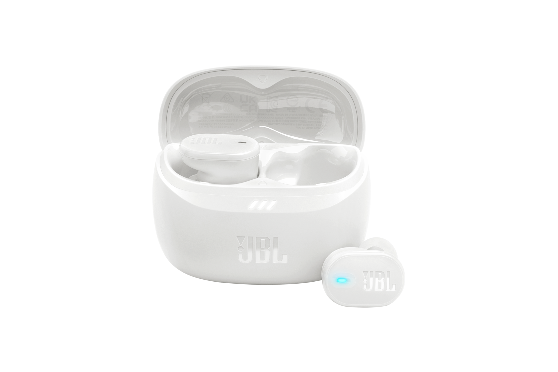 JBL TUNE BUDS 2 어댑티브 노이즈 캔슬링 무선 이어폰 화이트 케이스가 열려 있으머 우측 이어폰이 케이스 밖으로 나와 있는 이미지
