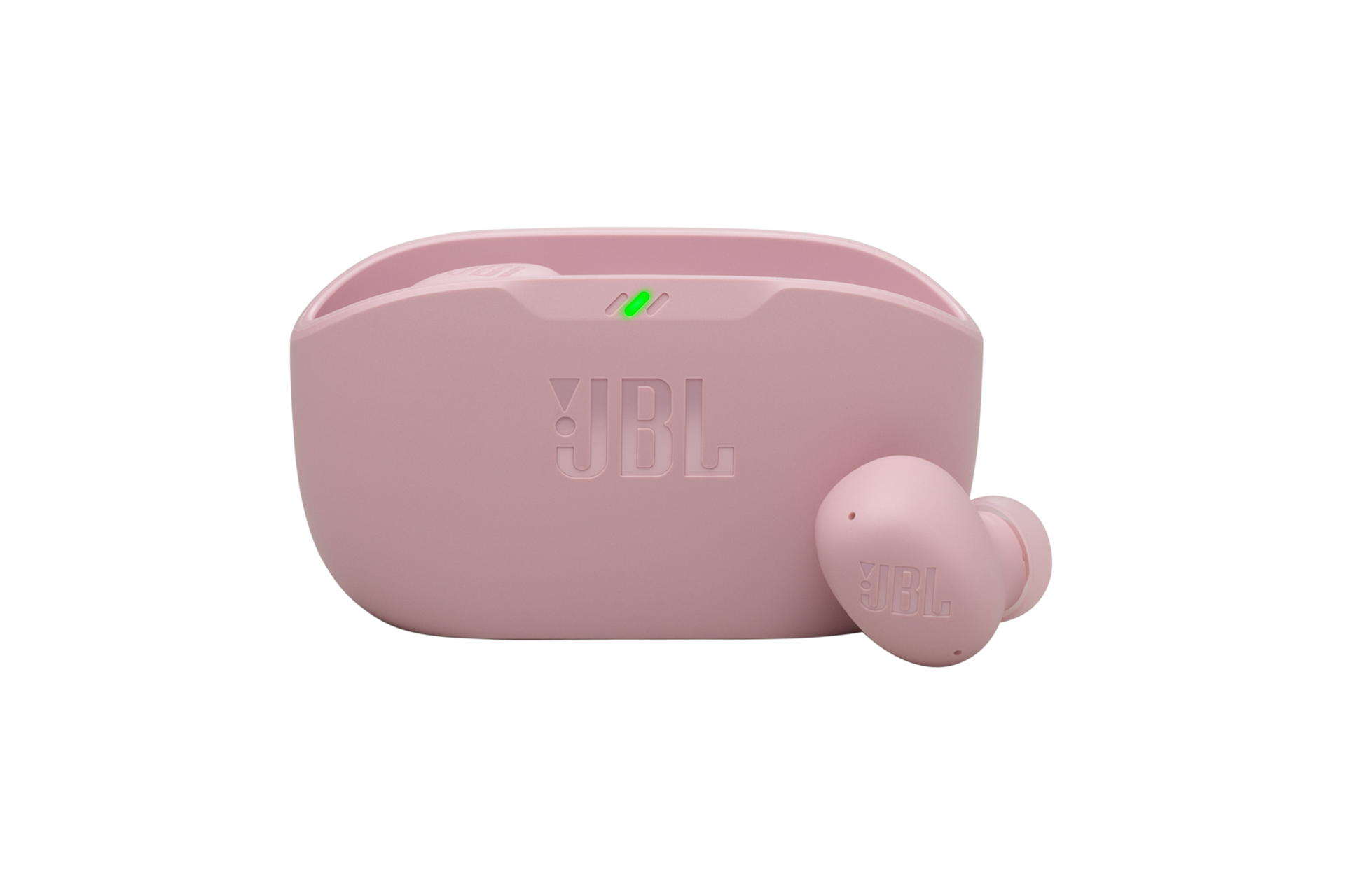 JBL WAVE BUDS 2 액티브 노이즈 캔슬링 무선 이어폰 핑크 우측 이어폰이 케이스 밖으로 나와 있는 이미지